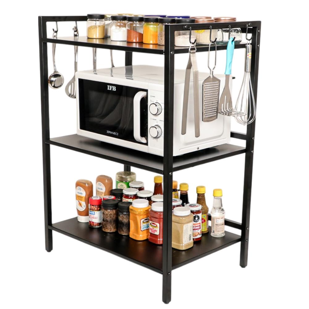 DECOWORLD || 3 Tier Metal Microwave stand || Microwave & OTG Stand for Kitchen Counter|| Triple Platform for Extra Storage with hooks|| Kitchen Oven Rack (BLACK)
