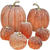 Winlyn 7 Pcs Assorted Orange and Black Artificial Pumpkins Harvest Decorative Pumpkins for Rustic Farmhouse Fall Wedding Thanksgiving Halloween Table Centerpiece Mantel Shelf Seasonal Décor