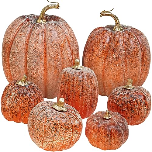Winlyn 7 Pcs Assorted Orange and Black Artificial Pumpkins Harvest...