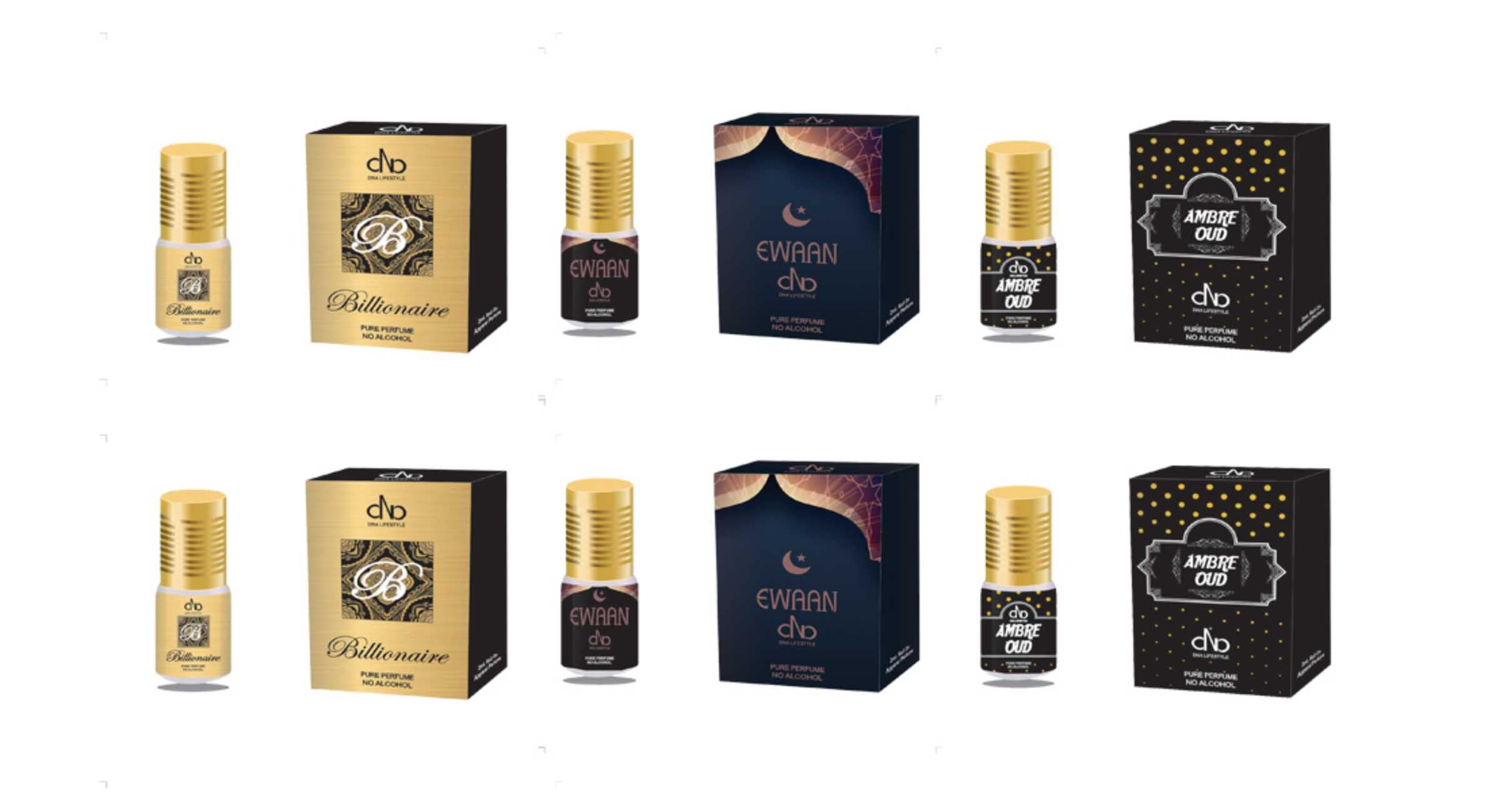 DNA Lifestyle Billionaire + Ewaan + Ambre Oud - 2ml Attar Roll-on Concentrated Perfume | No Alcohol - Pack of 6 X2ml each (Total 12ml)
