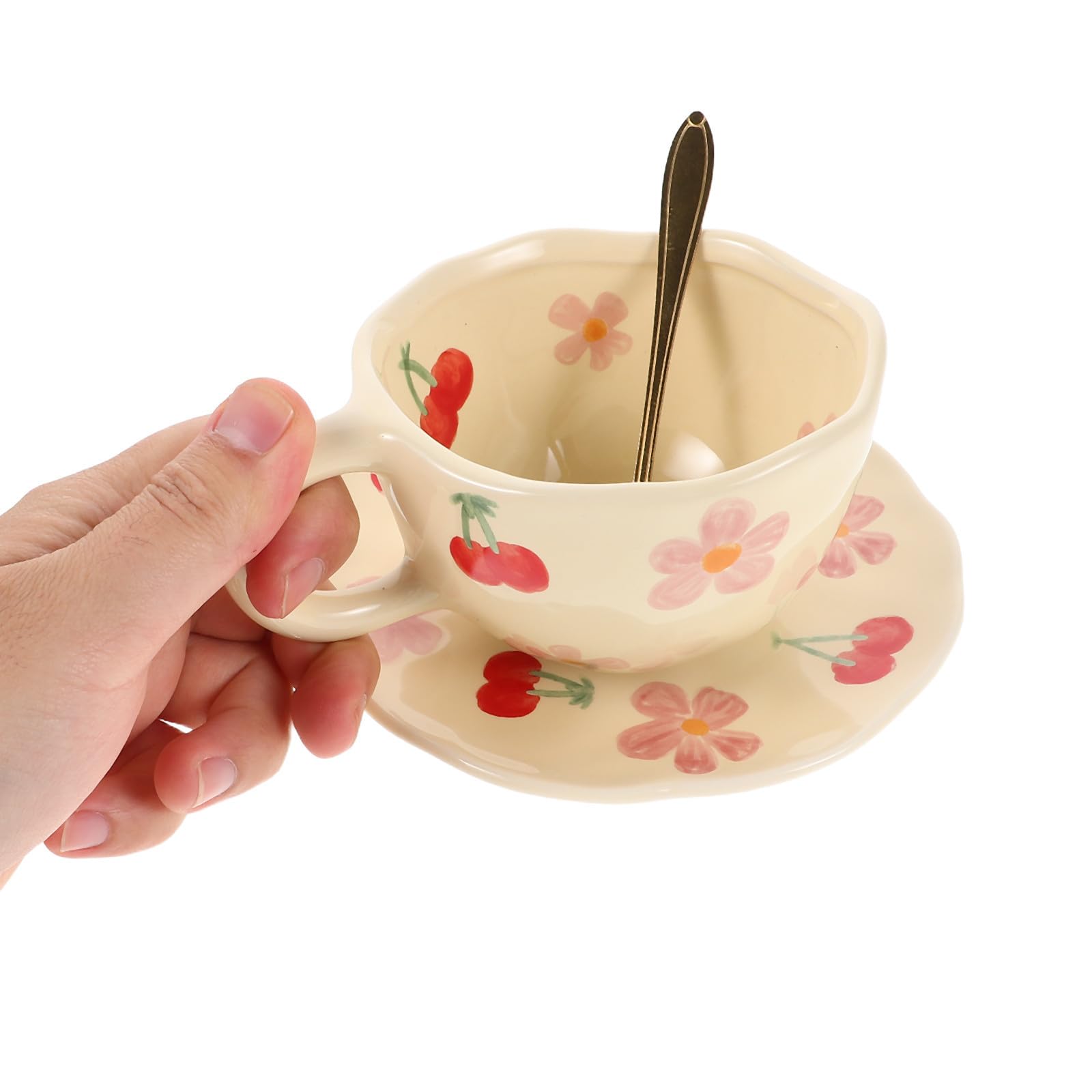 Juego de Taza de Café Adecuado para Reuniones Familiares y Descansos en Oficina de Cerámica Rosa con Platillo y Cuchara, Diseño Único Resistente que Previene Manchas