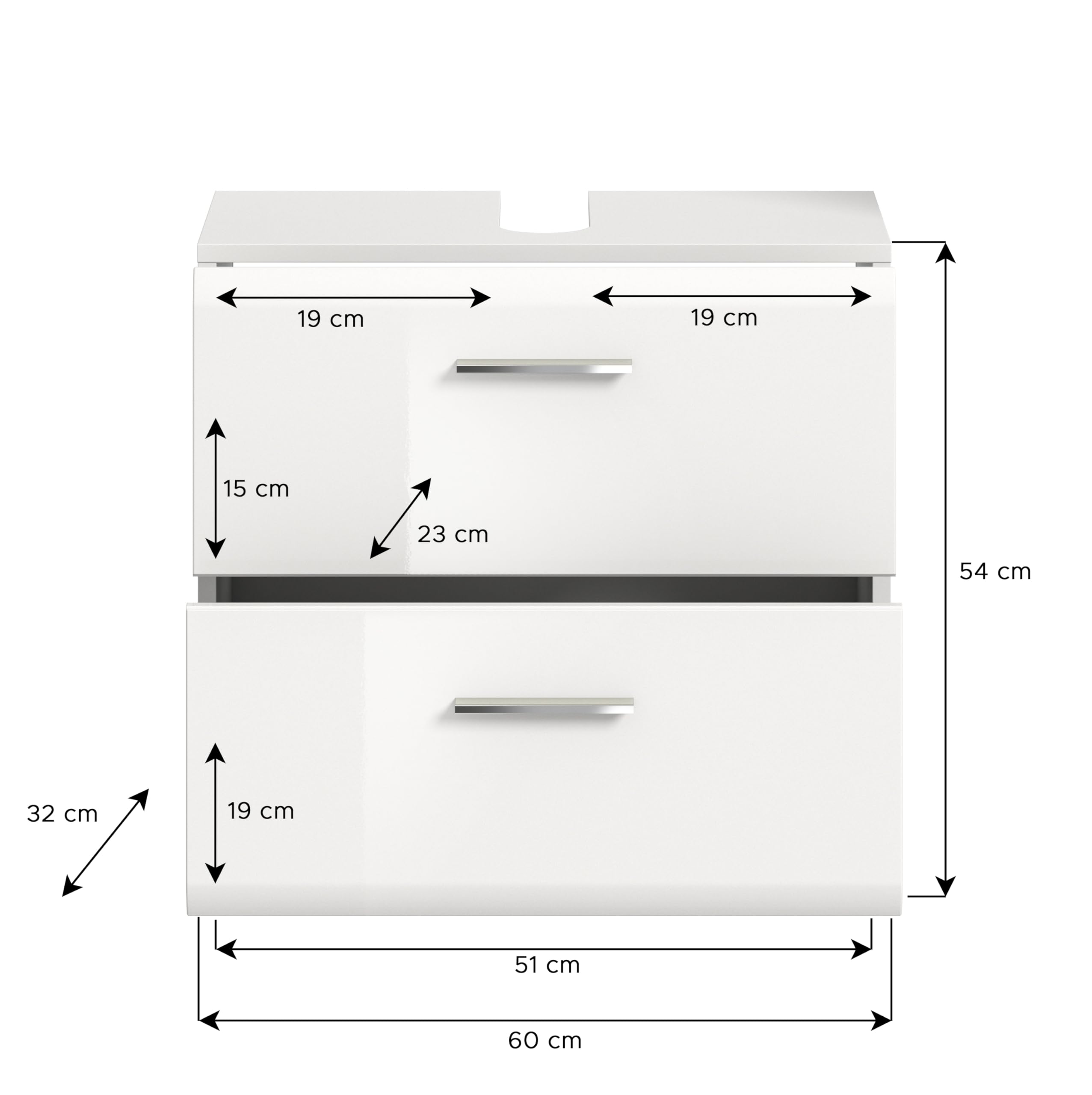 xonox.home - Waschbeckenunterschrank Ice 60x54x32 cm in weiß Hochglanz Tiefziehfront Korpus weiß - Unterschrank Waschtischunterschrank Badezimmerunterschrank - mit 2 Schubkästen