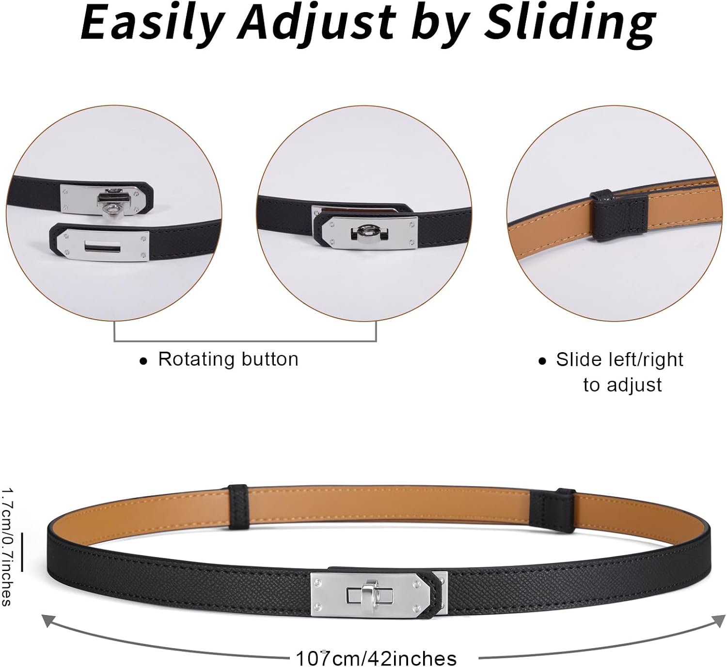 Women’s Skinny Leather Belt with Gold or Silver Turn-Lock Buckle – Adjustable Thin Belt for Dresses, Office & Wedding thumbnail