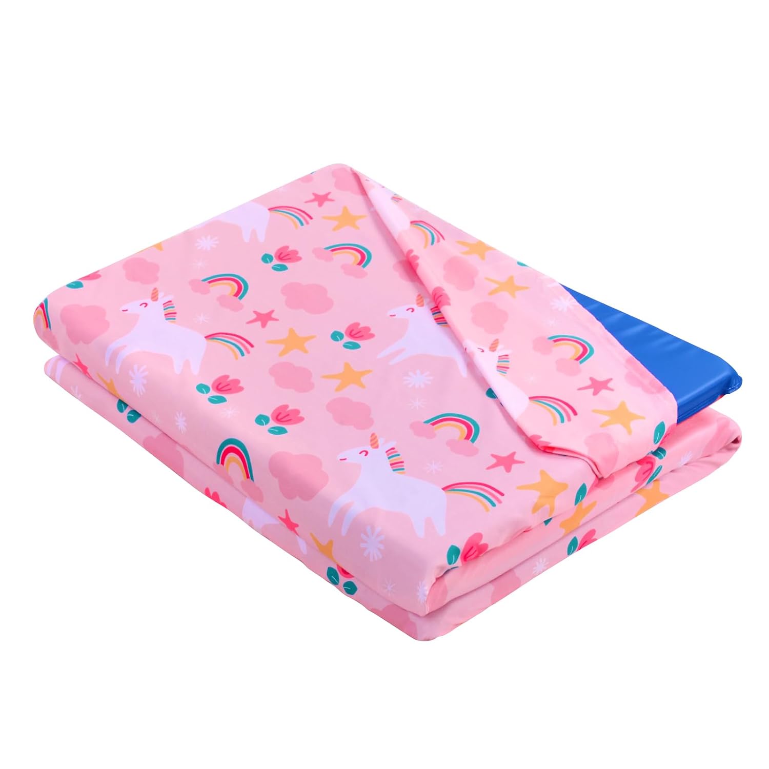 Rainbow Unicorns Nap Mat Cover, Soft Sheet with Sewn-in Flap, Washable Toddler Sleep Mat for Preschool Daycare Kindergarten, Full Size 50"x26.5" Fits Most Kids Rest Mat