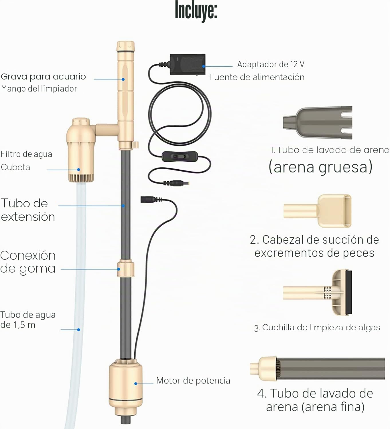 Aspirador eléctrico para acuario, con sifón para grava, ideal como bomba de agua y filtro