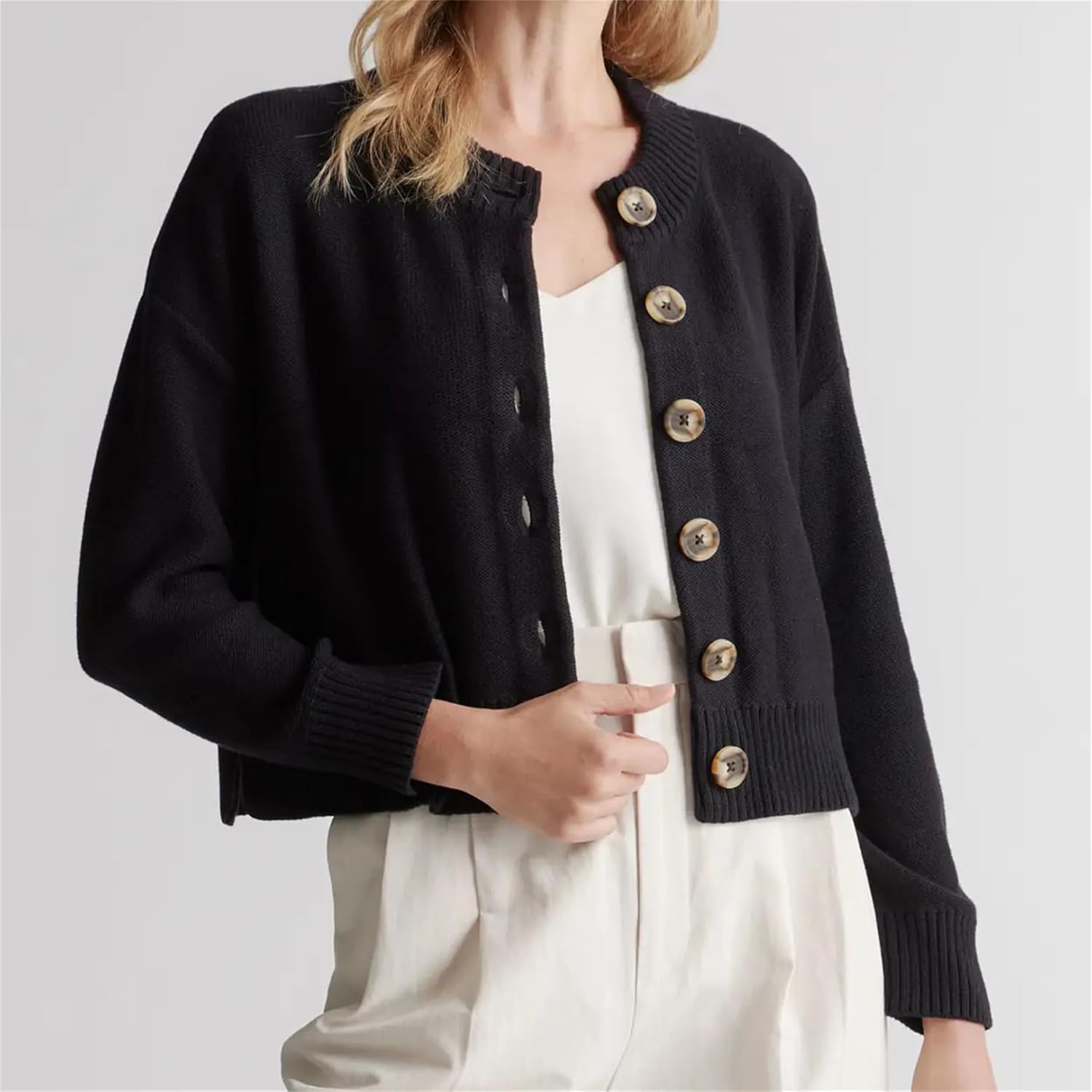 Women Casual Button Up Sweater Y2K Loose Fit Crewneck Long Sleeve Knit Cardigan Solid Color Fall Trendy Jacket Outwear - Image 3