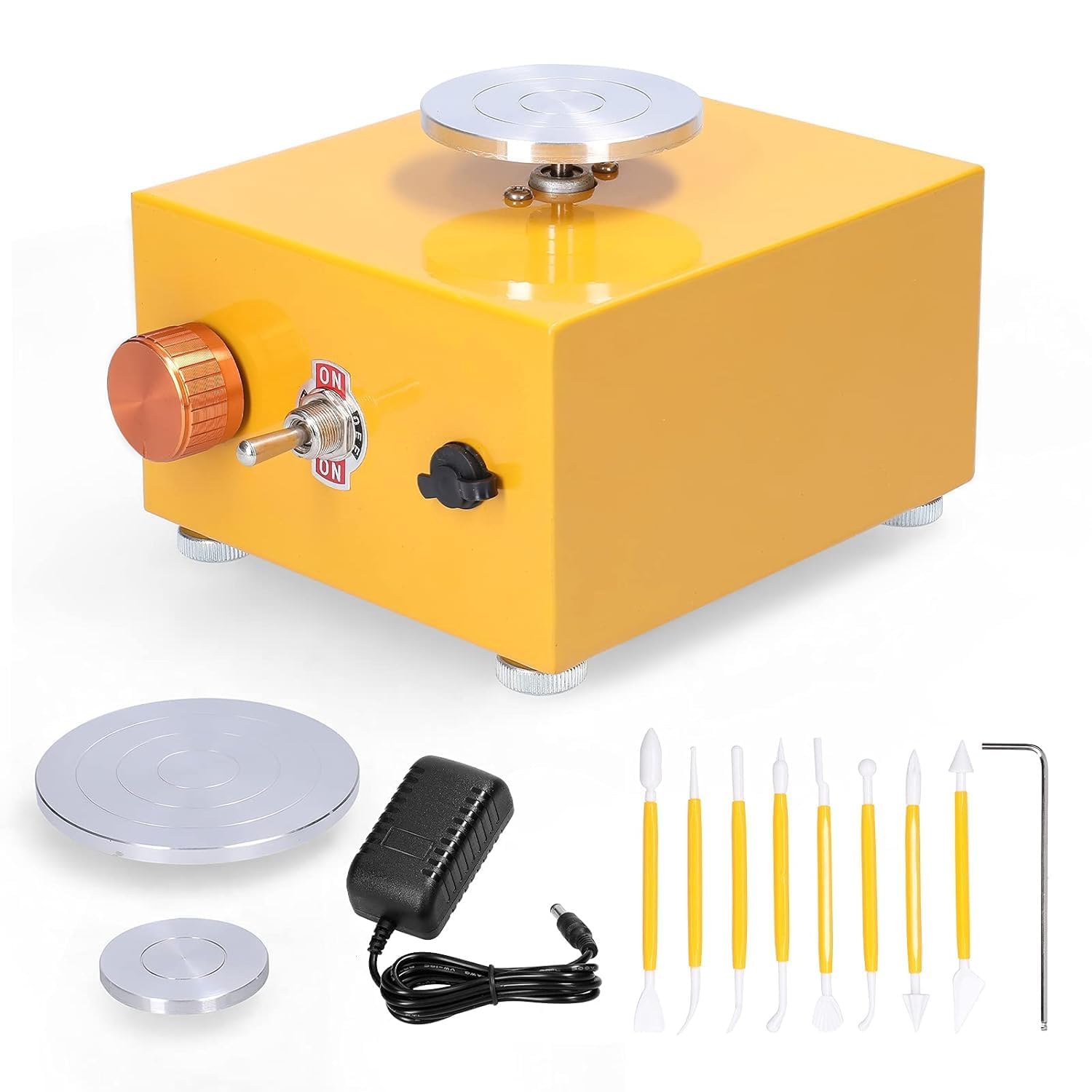 bibox labs Yellow Tommy Mini Electric Pottery Wheel Machine, Wheel Dia 10Cm, 6.5Cm, 5Cm, Variable Speed With Tool Set | Perfect Birtday Gift, Artists, Students, Home Decor (Yellow)