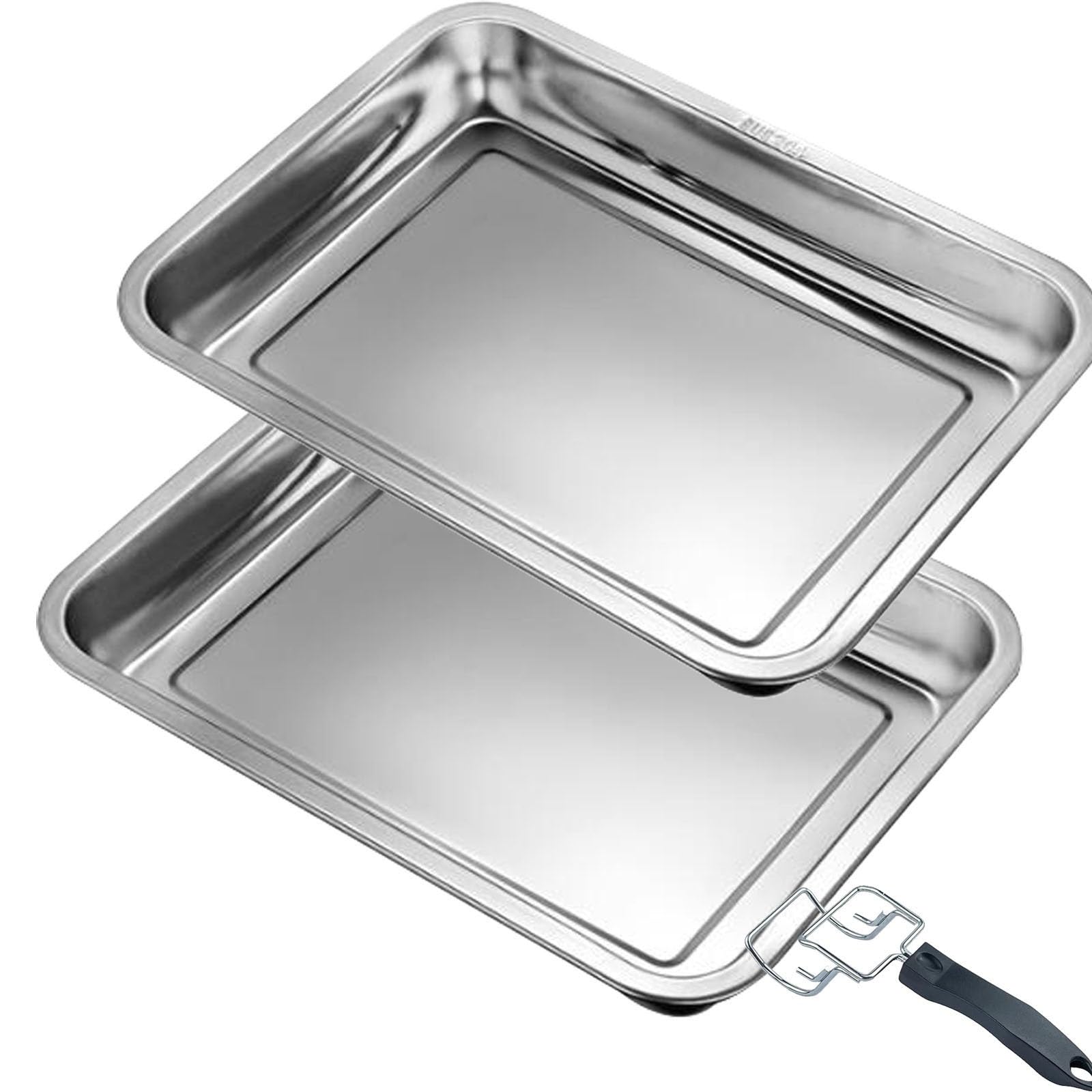 Bandeja de horno de acero inoxidable, molde rectangular para hornear, 2 bandejas para hornear, asar, servir, no tóxico, saludable y fácil de limpiar (40 x 30 x 2 cm)