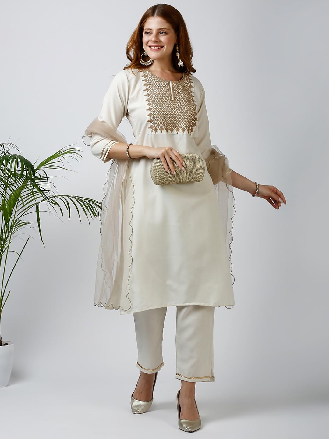 Gufrina Women's Cotton Blend Kurta Pant With Round Neck 3/4Th Sleeves Solid Pattern Embroidery Work Regular Fit And Calf Length