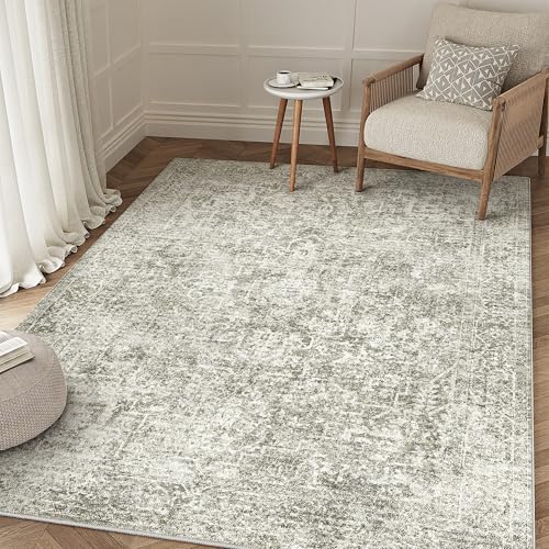 4x6 Area Rug Washable Vintage Neutral Entryway Living Room Carpet Indoor Office Non Slip Taupe Entrance Distressed Low Pile Retro Accent Throw Rug for Dining Room Bathroom Bedroom Laundry
