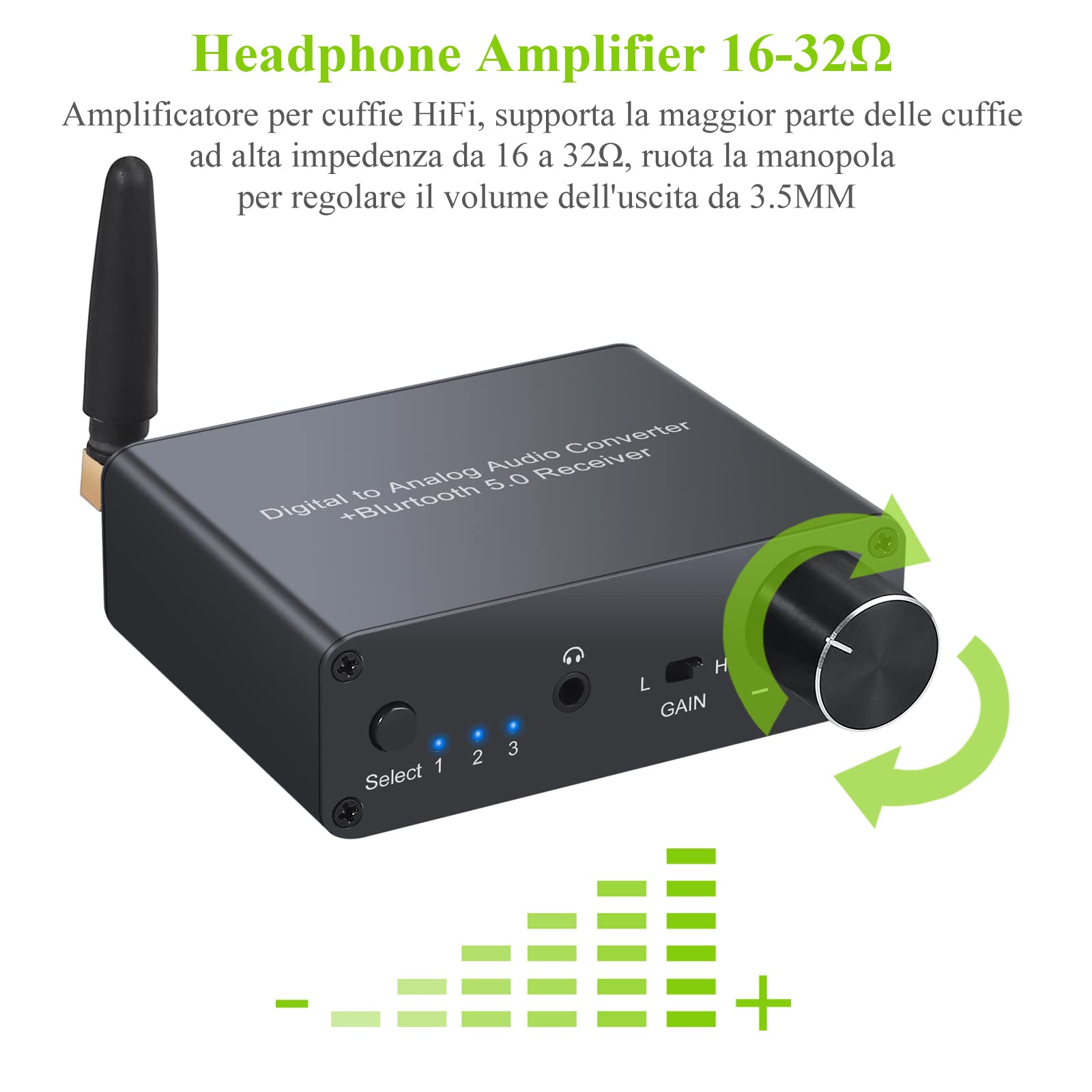 LiNKFOR 192KHz DAC Bluetooth con Amplificatore per Cuffie con Alimentatore DAC Convertitore Audio Digitale ad Analogico con Ricevitore Bluetooth V5.0 D/A Adattatore con Cavo Ottico e Cavo Coassiale
