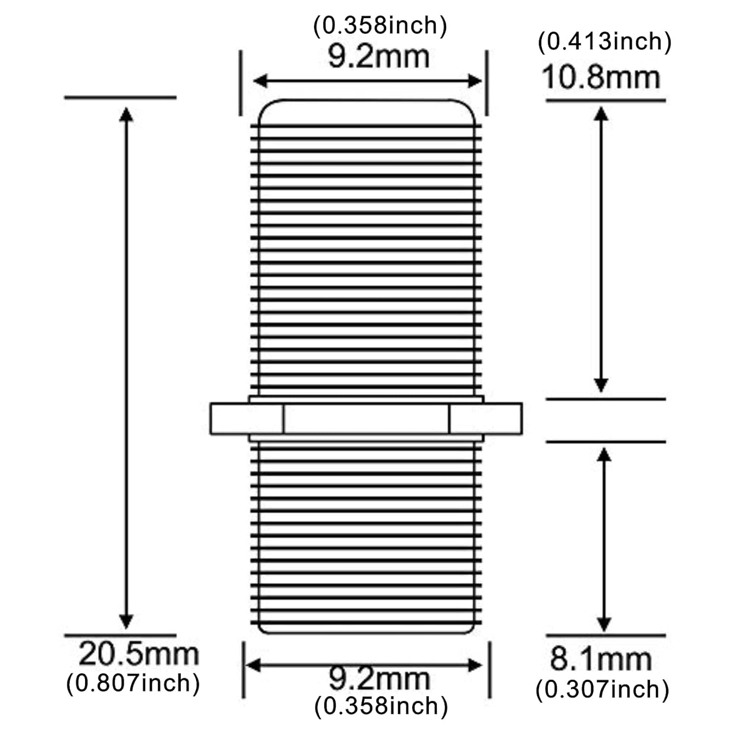 Technical drawing with dimensions of the F-type coaxial connector in millimeters and inches