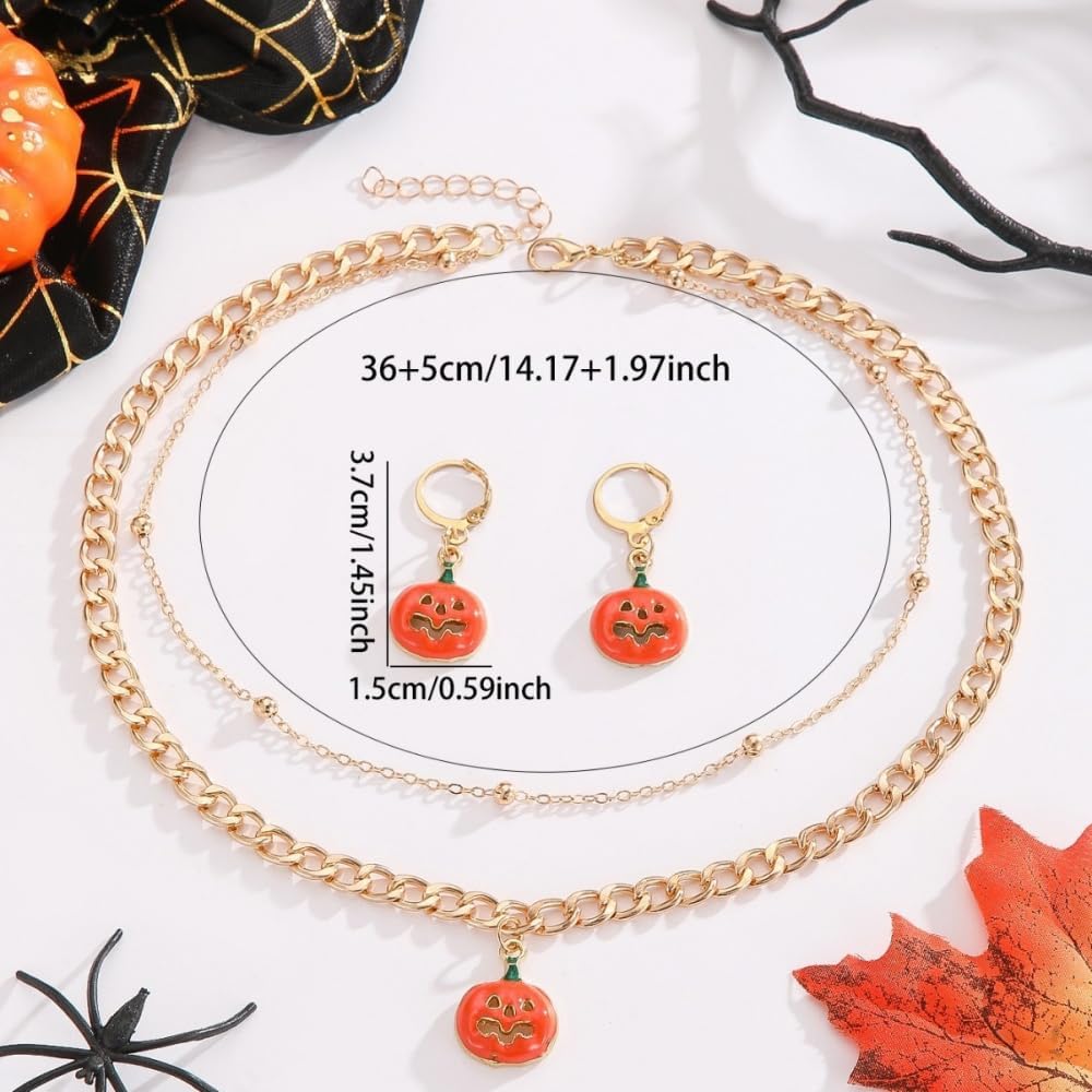 Kokoma Halloween Pumpkin Jewelry Set for Women Double-Layered Adjustable Necklace Pumpkin Dangle Earrings Halloween Festive Fashion Jewelry - Image 5