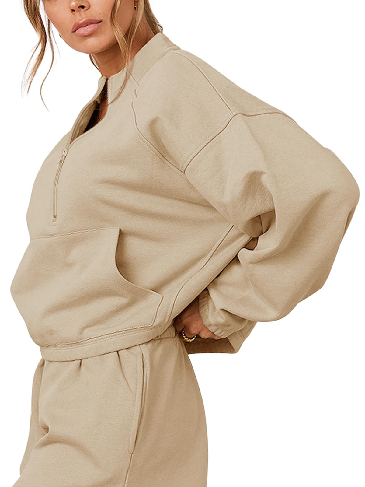 REORIA Tuta da donna in cotone con colletto alla coreana, a maniche lunghe, mezza cerniera, due pezzi, con tasca a marsupio, cachi, XXL