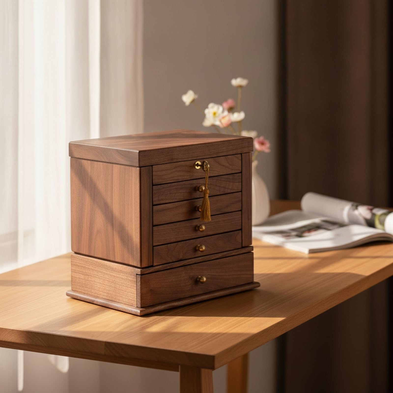 Organizador de Maquillaje Caja de Cosméticos Tocador Cajonera Almacenamiento Madera Negro con Tiradores Redondos, Madera De Caucho Con Chapa De Nogal Caja De Almacenamiento De Cosméticos