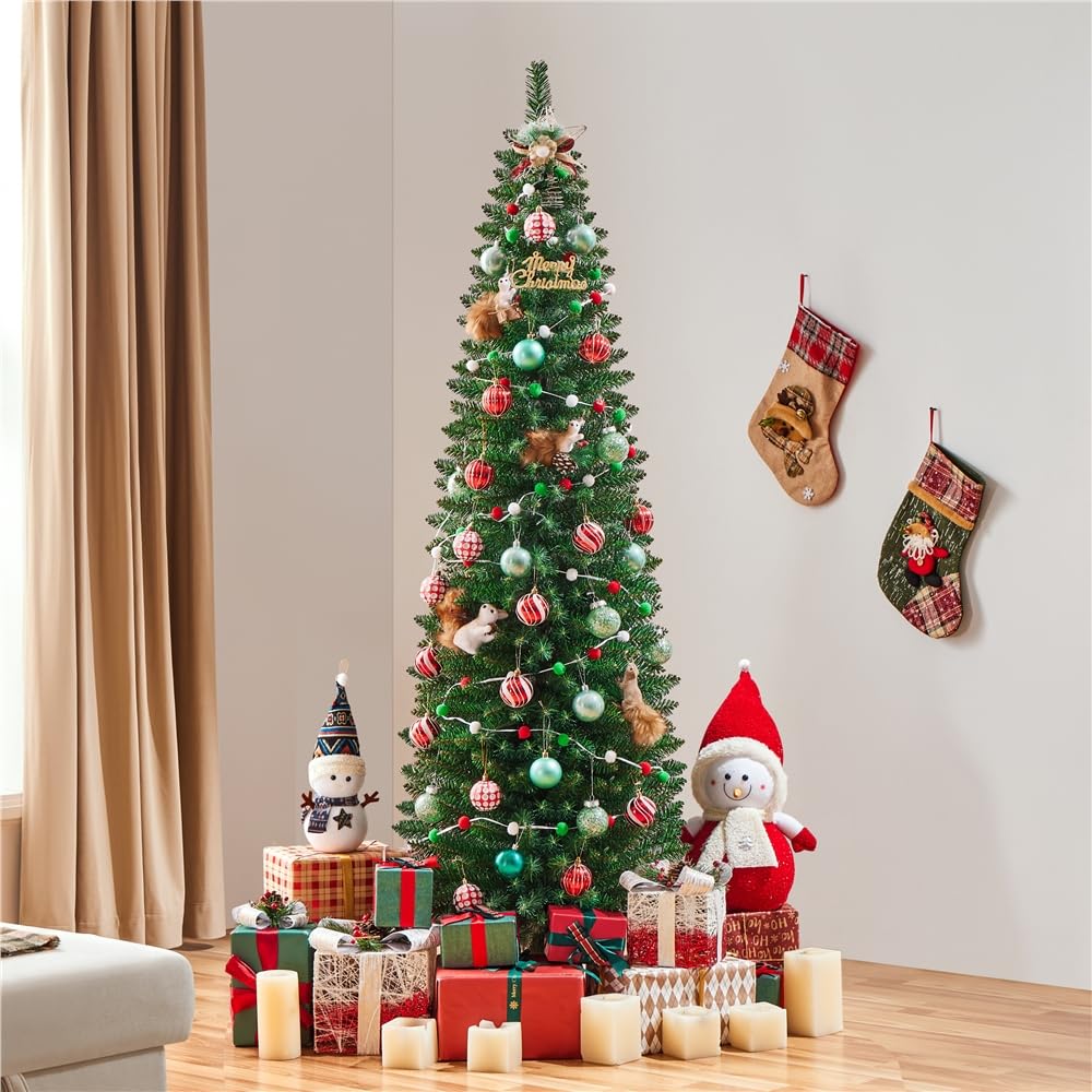 Yaheetech Slim Albero di Natale Artificiale in PVC Alto e Stretto con Base in Plastica Decorazione Natalizia Casa Ufficio 60 × 60 × 183 cm Verde