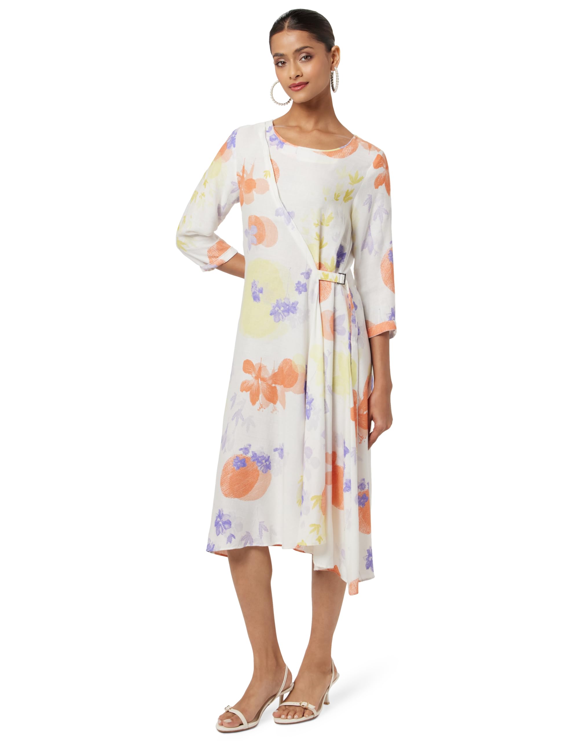 Global Desi Floral Printed Summer Wrap Calf Length Dress for Women in multi