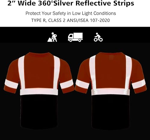 Miniatura 6 de Camiseta de seguridad de alta visibilidad Clase 2 para hombre, camisa de manga corta reflectante ANSI con parte inferior negra (negro, XL)