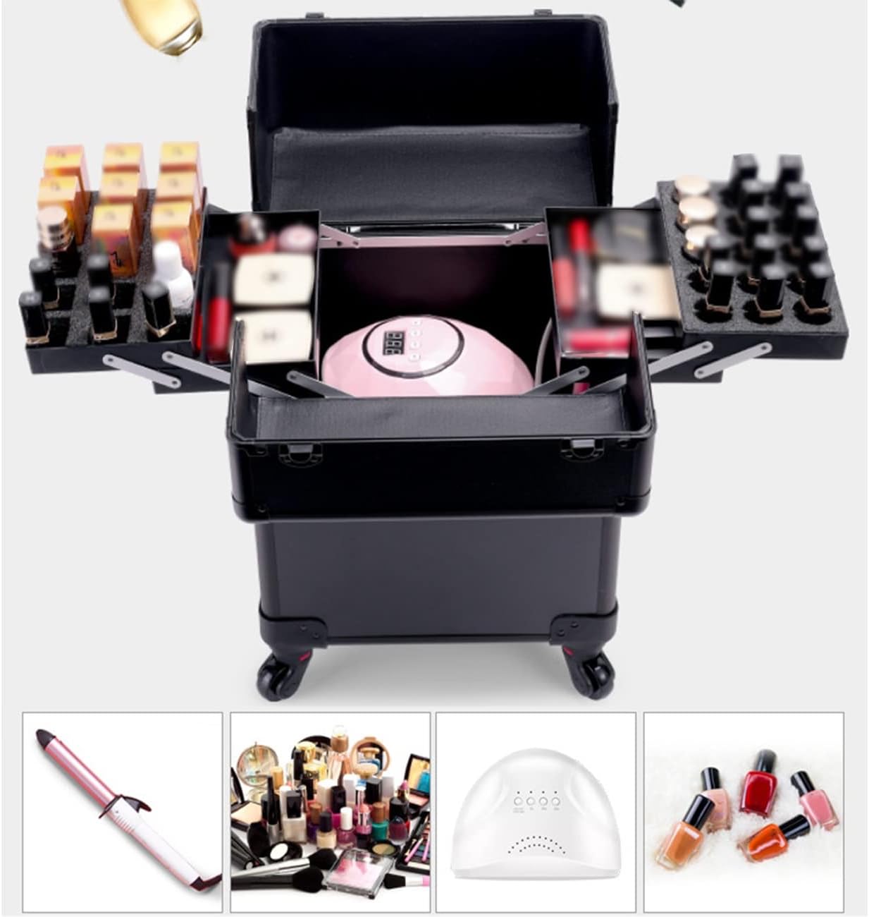 Cosmetic Case Large-Capacity Professional Trolley Bag Cosmetic Case and Makeup Eyelashes Nail Beauty Tool Storage Large Capacity Storage Box (Color : A, Size : One Size) (A One Size)