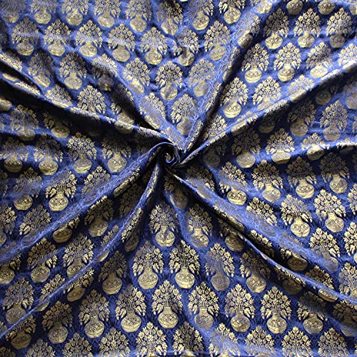 CraftyArt Navy Blue Indian Banarasi Brocade Silk Fabric Blended Silk