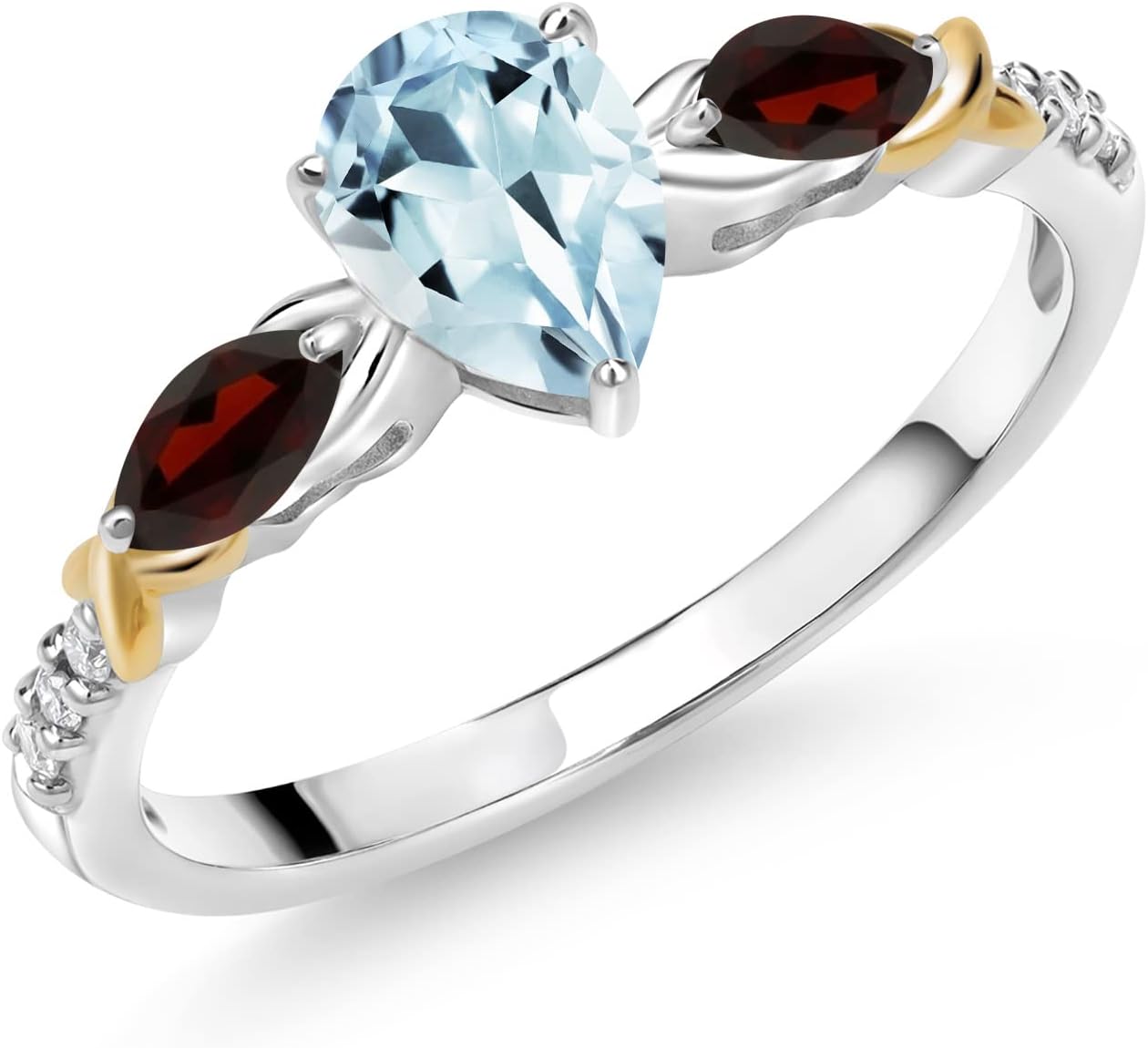 Gemstone Birthstone, Garnet and Lab Grown Diamond Two-Tone Twist Engagement Ring for Women | 925 Silver & 10K Yellow Gold | Pear 7X5MM, Marquise 5X2.5MM, Round 1.2MM | Wedding Anniversary Promise Ring