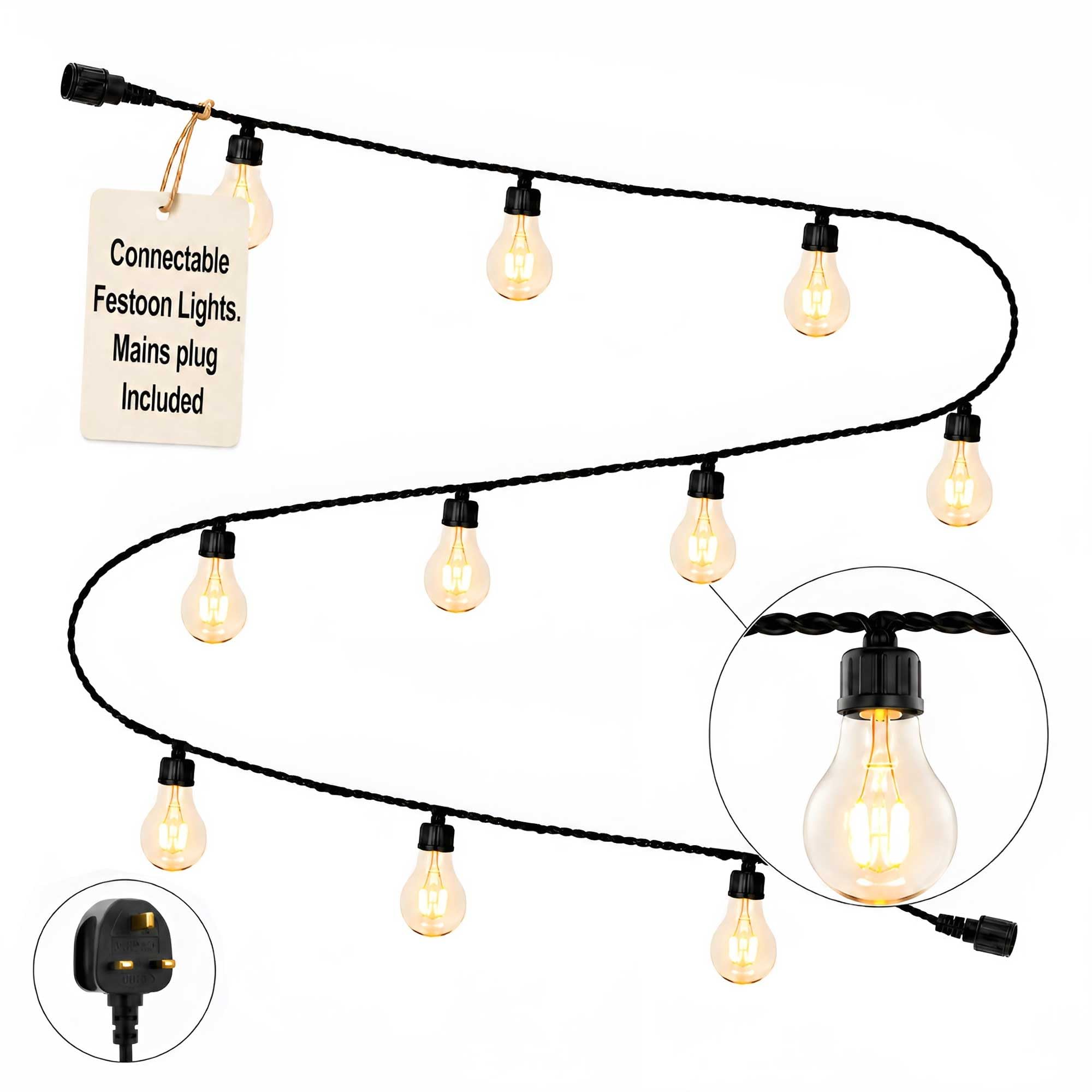 Qbis Connectable Festoon Lights Outdoor, IP67 Garden String Light System for Patio Decking Pergola Wedding, Choose Starter Set, Add-On Lights or 5m Extension Cable (Starter Set โ Lights + Power Cable)