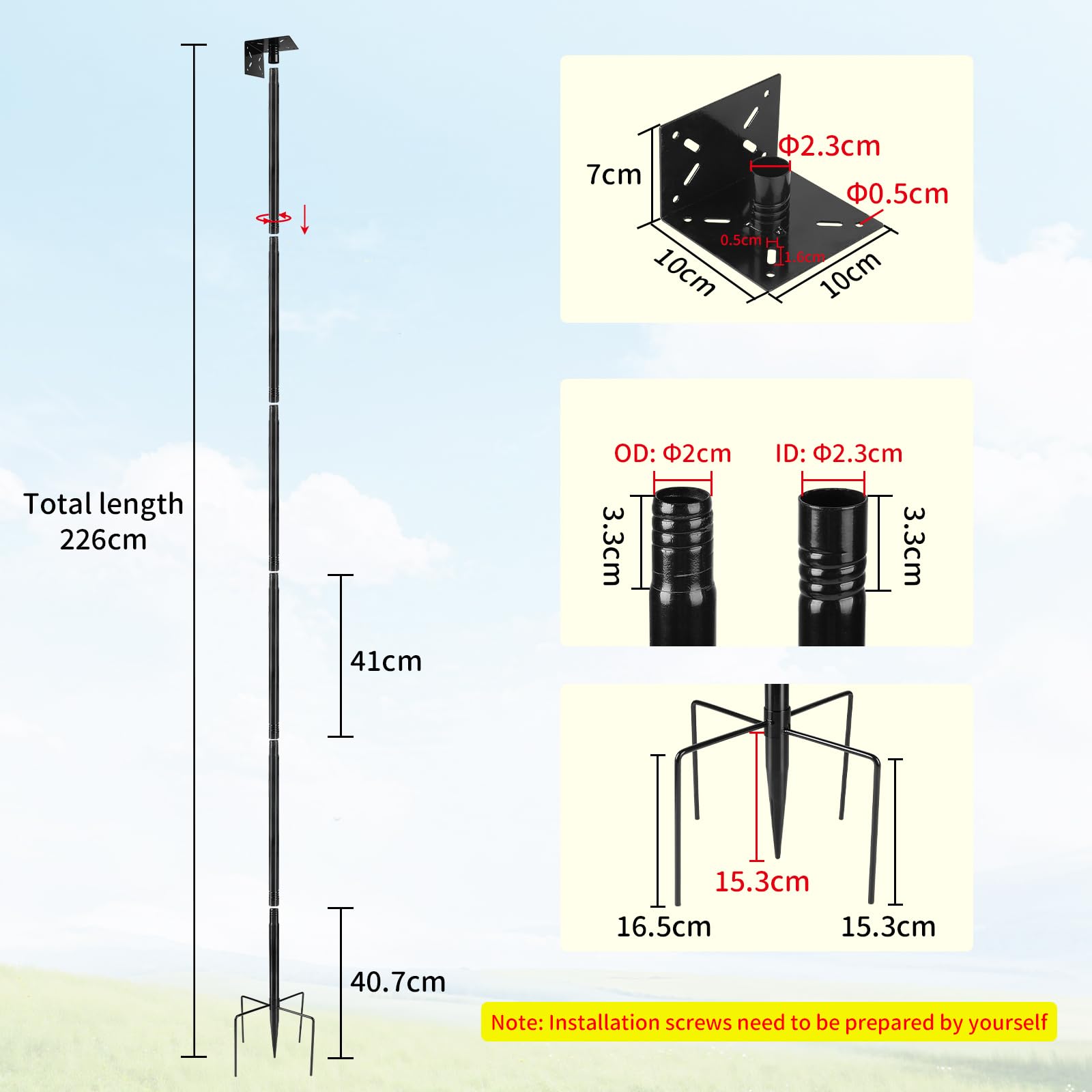 1 Pièce Support réglable pour nichoir, Hauteur ajustable jusqu'à 220 cm Ensemble universel pour jardin avec base à 5 branches pour mangeoires, stations météo, Noir (sans nichoir et vis)