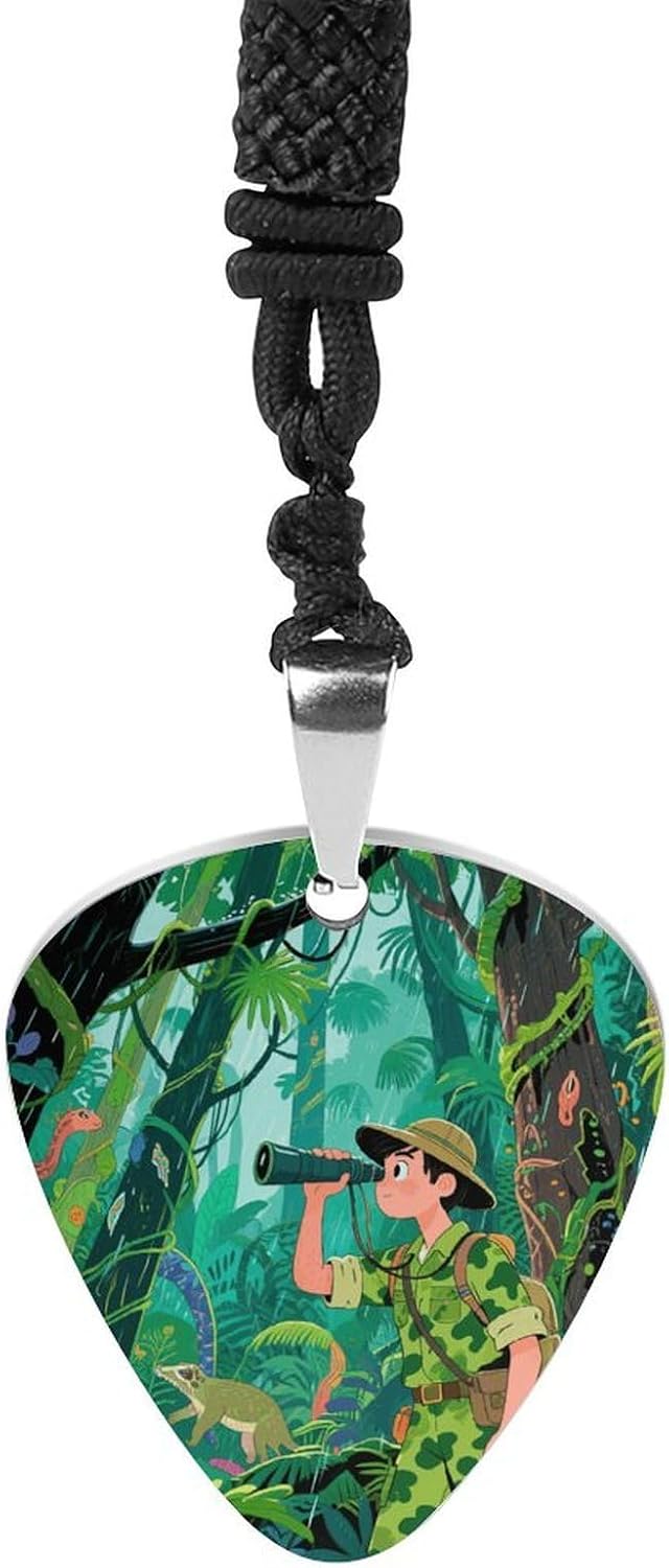 Tropical Rainforest Guitar Pick Holder Necklace Stainless Steel Music Pendant with Adjustable 60cm Cord Functional Jewelry for Guitarists & Music Lovers, Unisex Hip Hop Punk Accessory