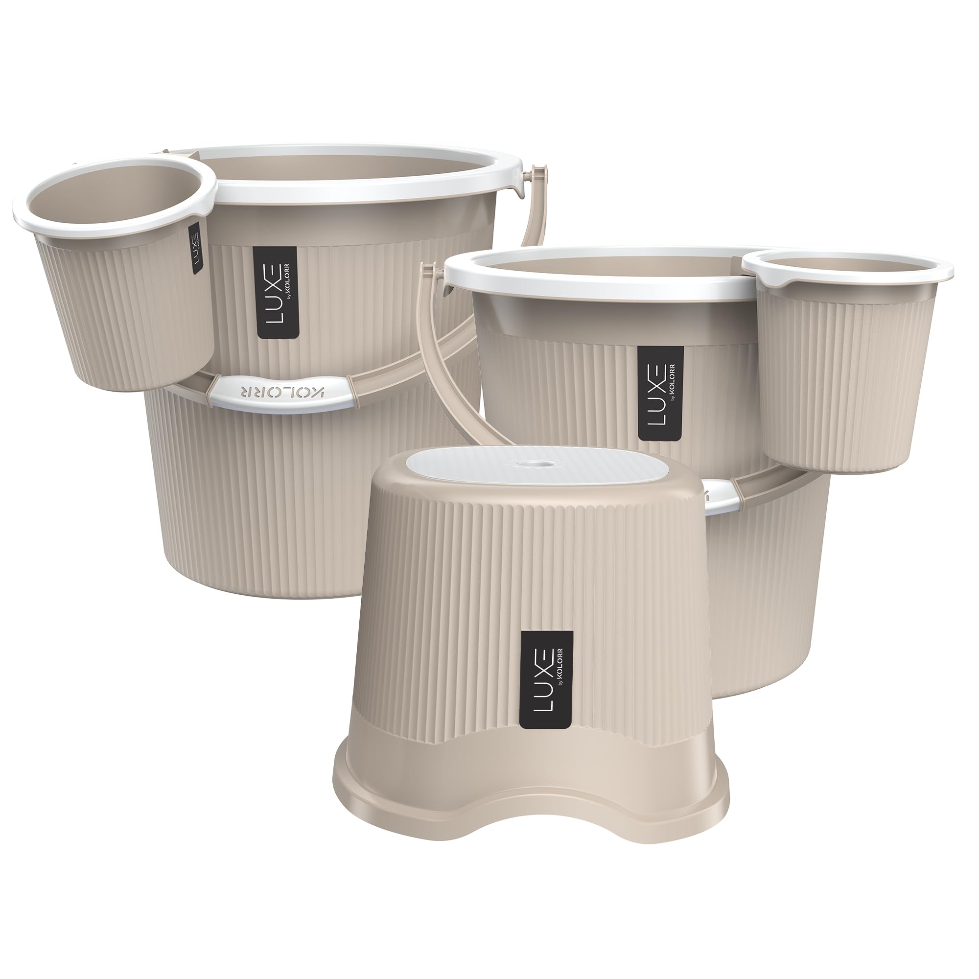 KOLORR Luxe Bathroom Set (Bucket 18L x 2) + (Mug 1.5L x 2) + (Luxe Patla x 1)|Sturdy and Durable |Lightweight| Easy to Clean and Attractive Design|Pack of 5|Sand Stone-image-31