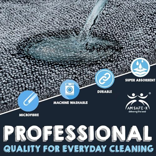 Image of AM Safe-X Microfiber Cleaning Cloth 1200 GSM - 40x40 cm Twisted Loop Microfiber Cloth, Super Absorbent Towel Lint-Free Design for Car Drying, Washing, Polishing & Detailing -Aqua /Grey (1 Pc)