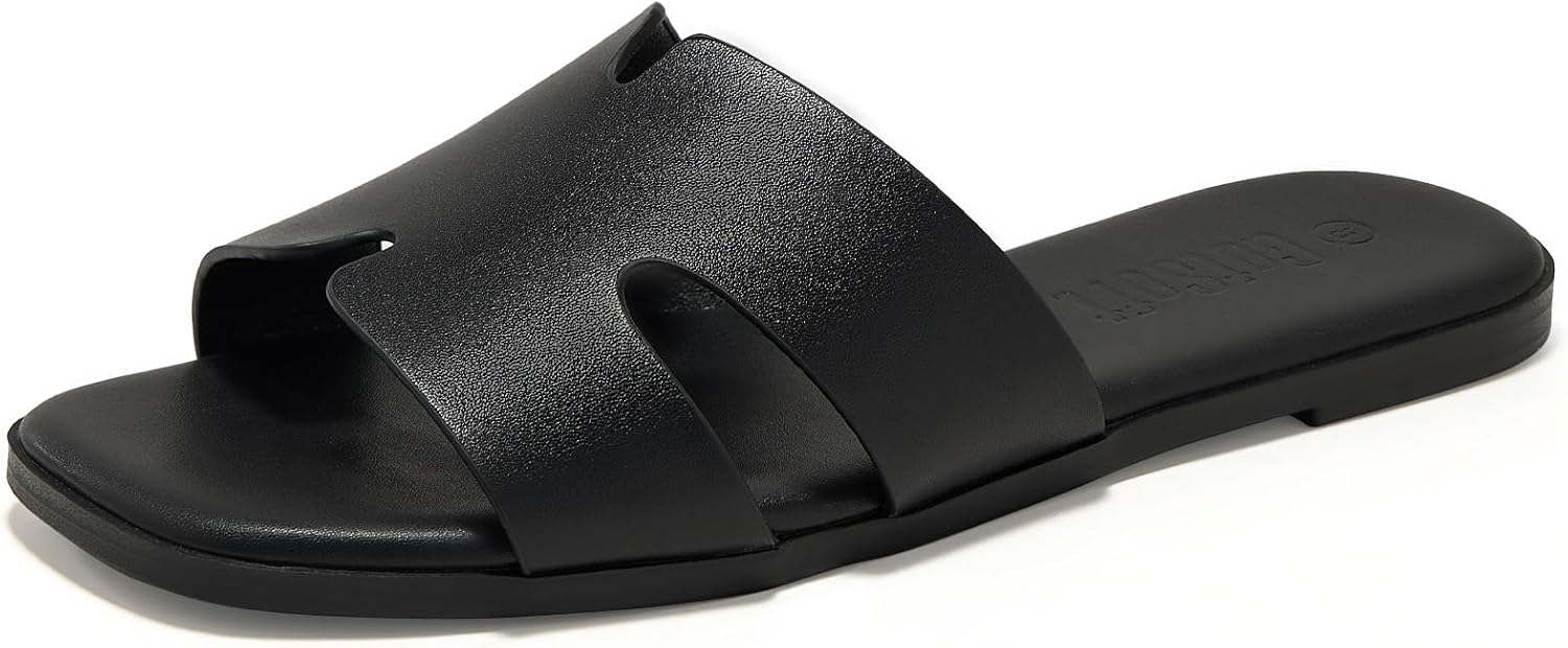 Women's Flat Sandals Square Open Toe Slide Sandal Slip on Comfortable Summer Shoes