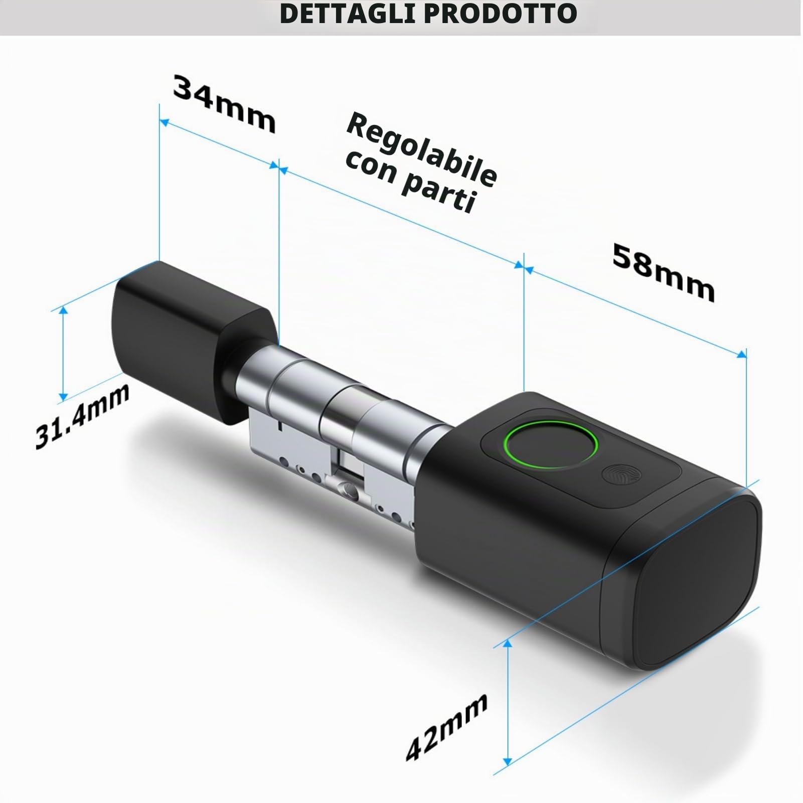 Serratura con impronte digitali, 5 in 1 Serratura intelligente con codice numerico RFID e chiave APP, Serratura elettronica per porte d'ingresso, Cilindro di chiusura regolabile 60-90mm