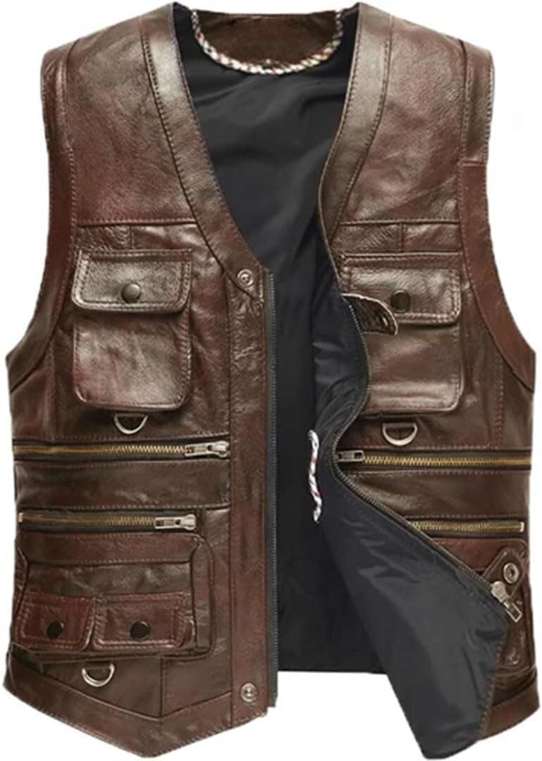 ININOSNP Gilet sans Manches Gilet en Cuir Multi-Poches Guide Photo de pêche en Plein air Gilet en Cuir Gilet de randonnée en Plein air décontracté(Light Brown,XL)
