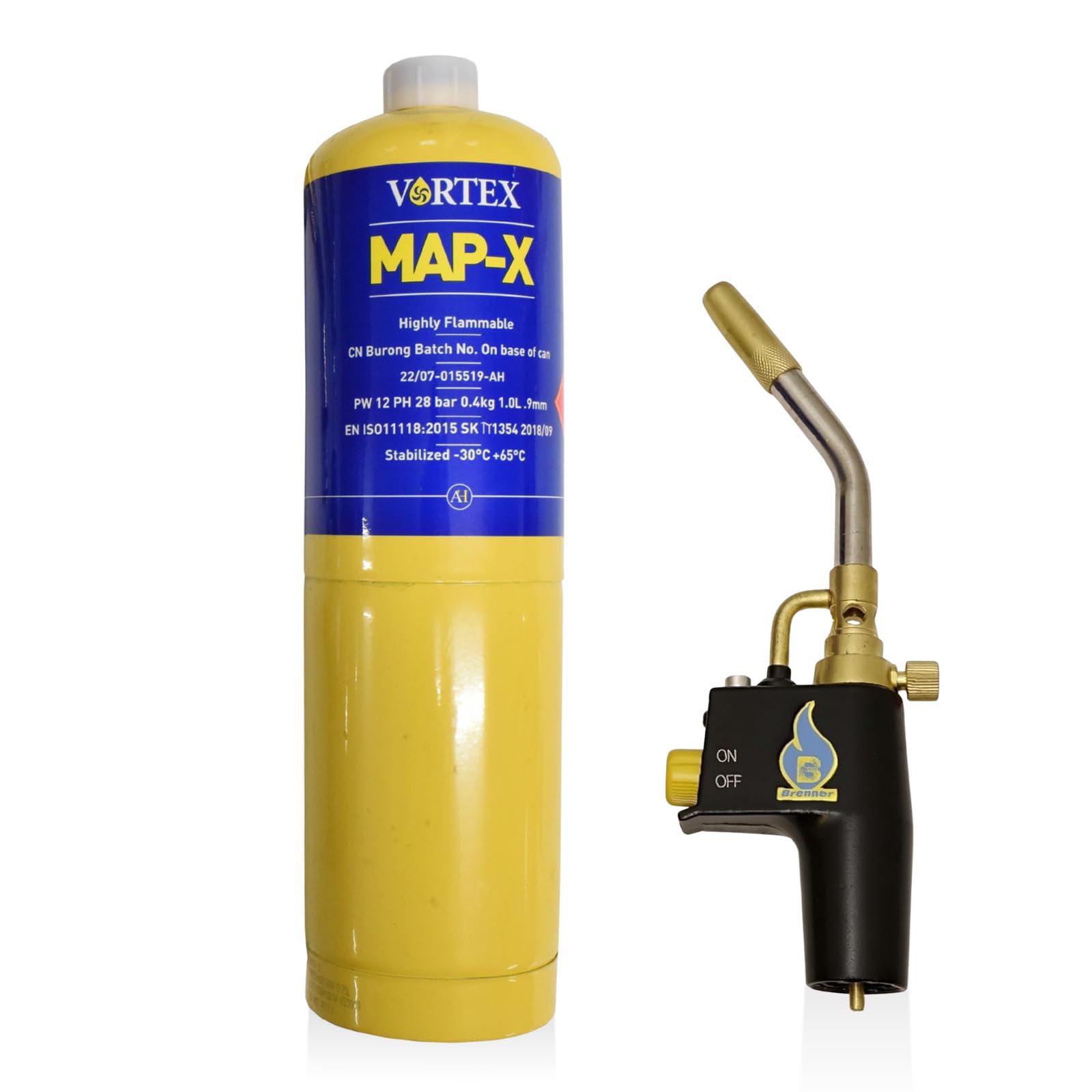 Brenner Mapp Gas Torch Kit – Blow Torch With Piezo Ignition & Map-X 385G Cga600 Cylinder – Heavy Duty High Heat Propane Torch For Plumbing, Brazing, Welding, Soldering, Bbq, Culinary & Camping