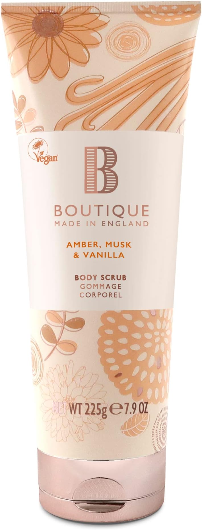Boutique Amber, Musk & Vanilla Fragrance Body Scrub, 225ml Exfoliating Body Scrub, Refreshing - Essential Oils - Vegan and Cruelty Free, No SLS or Parabens - Made In England