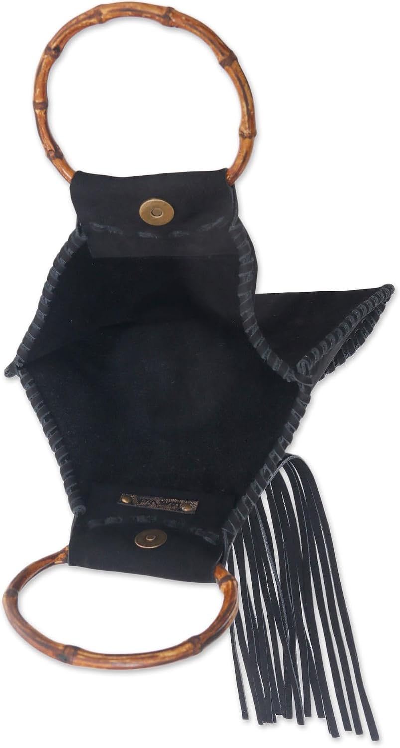 NOVICA Artisan Handmade Suede Handle Handbag Balinese Black Bamboo with Fringe Leather Wood Handbags Solid Indonesia Bohemian ' Endeavor in Onyx'