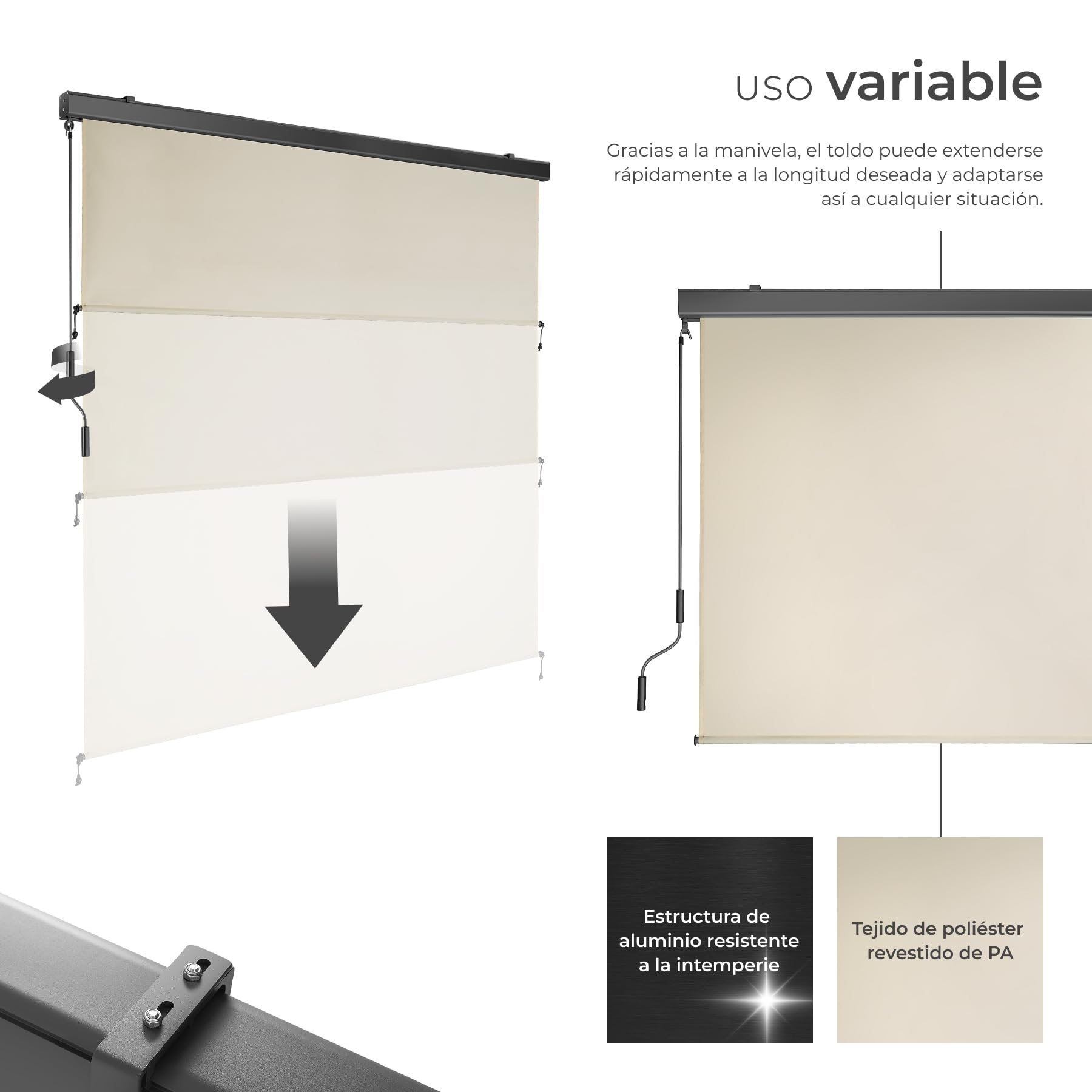 tectake® toldo Vertical Exterior Enrollable con manivela, Soporte toldo, Toldos Exterior Terraza y balcón, protección Solar y Cortavientos, Tela toldo Balcon Resistente - 180 x 250 cm Beige