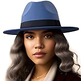 LADYBRO Fedora Hats for Women Wide Brim Hat, Incld 3 Decor Belts, Wool Felt, 58cm Adjustable Women's Fedora (35% Cotton, 65% Polyester, P09 Blue)