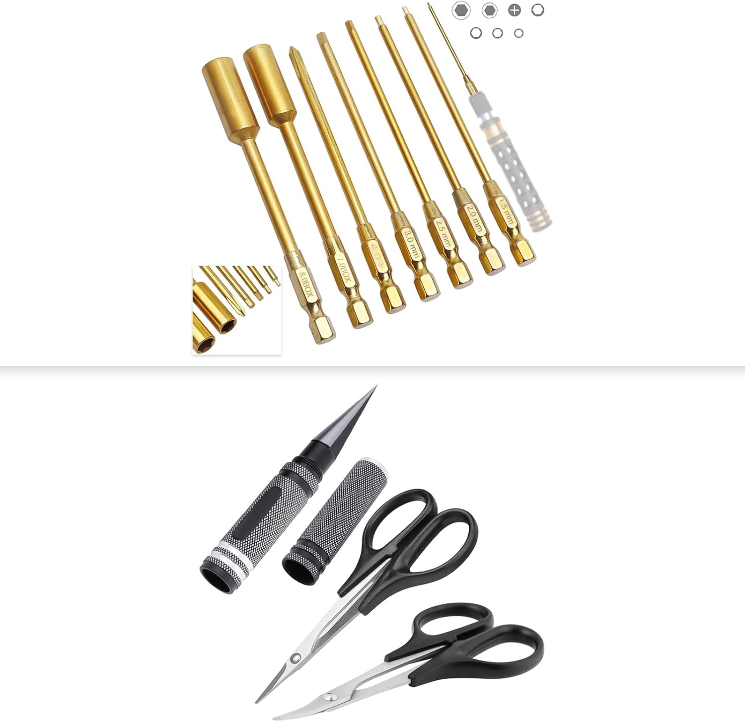 RC Hex Bits Set 1.5/2.0/2.5/3.0mm & RC Body Reamer 0-14mm Hole Puncher & Curved Scissors and Straight Scissor for RC Car Quadcopter Airplane Helicopter Boat Tool
