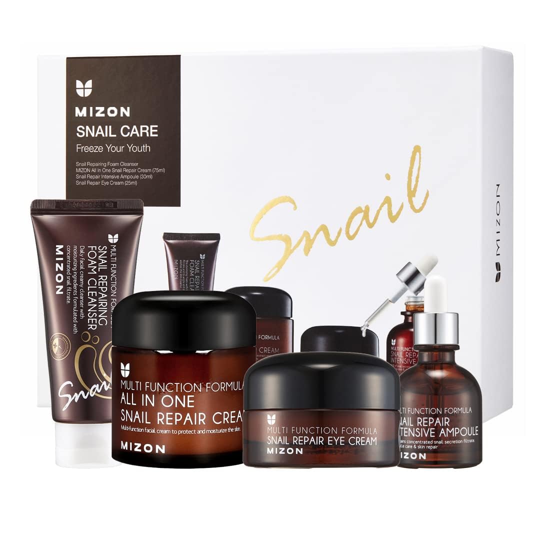MIZON All in One Snail Repair Skincare Set - Facial Moisturizer 2.53fl. oz, Eye Cream 0.84 fl. oz, Foam Cleanser 2.02 fl. oz, Face Serum 1.01 fl. oz