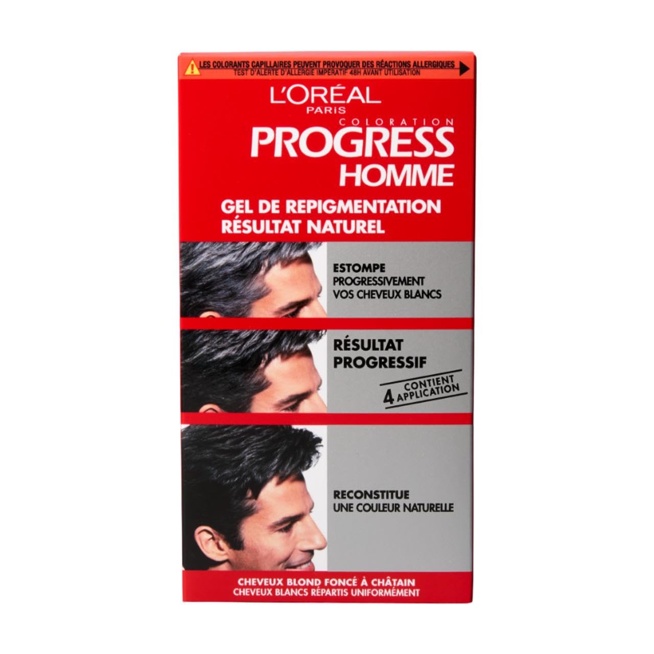 L'Oréal Paris - Gel de Repigmentation Sans Ammoniaque - Coloration des Cheveux Blancs pour Hommes - Résultat Naturel sur Tous Types de Cheveux - Contient 4 Applications - Progress Homme