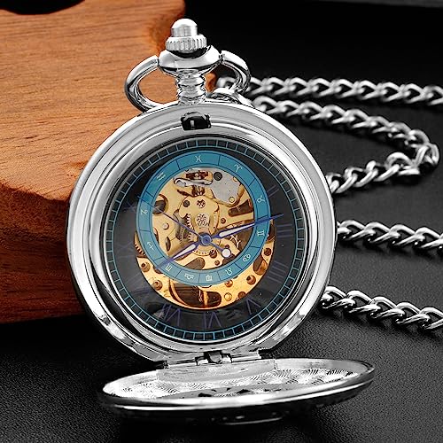 Image of Black and Silver Roman Numeral Dial Mens Mechanical Moon Phase Design, Moon Sun Pattern Skeleton Mechanical Pocket Watches for Men with Case and Chain - Black