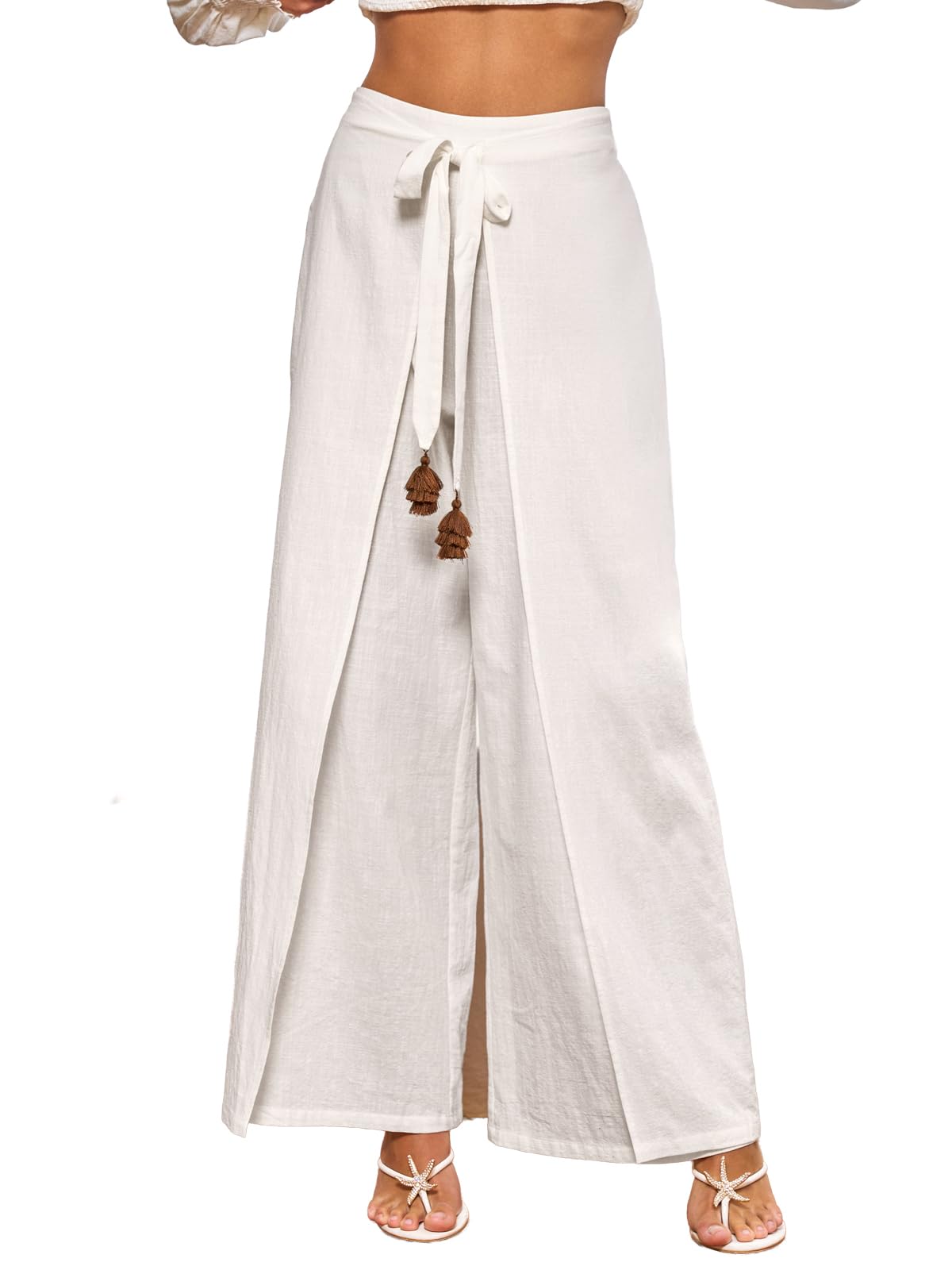 CUPSHE Pantaloni da donna a gamba larga a vita alta in cotone palazzo gamba spaccata pantaloni con nappa cravatta cintura estate spiaggia vacanza copertura up