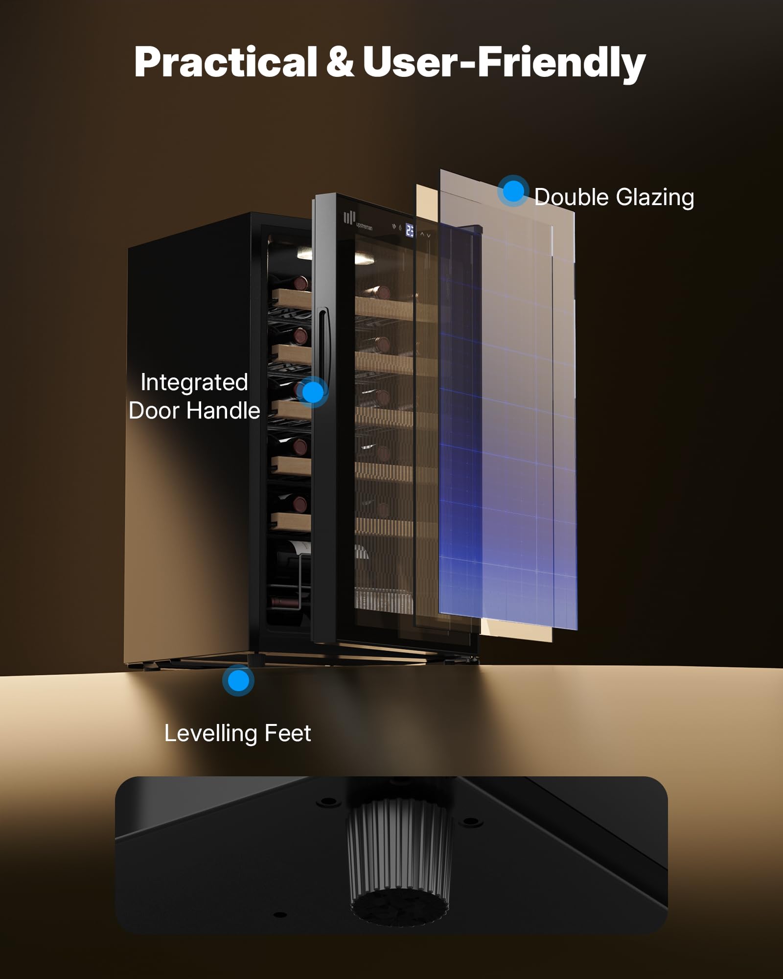 Upstreman Wine Fridge 24-Bottle, Full Glass Door Wine Cooler, 5°C - 20°C Adjustable, Built-in & Under-Counter Design, Double Glazing, Touch Control Panel, LED Light, 5 Shelves, W24-Black — view 5