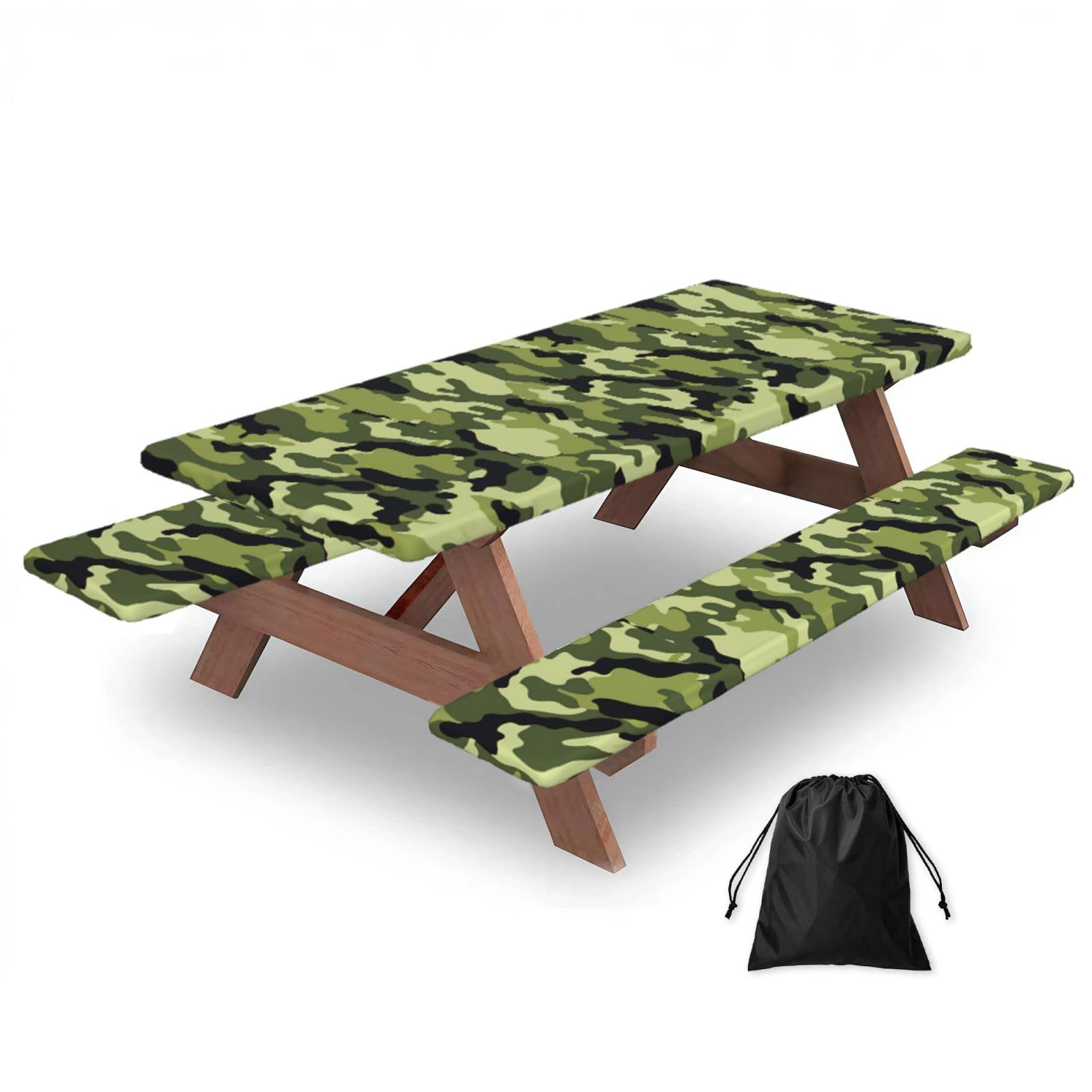 Yqxwjl Black Camo Green Print Camping Essentials Waterproof Camping Table And Bench Cover With Drawstring Bag 183 Cm