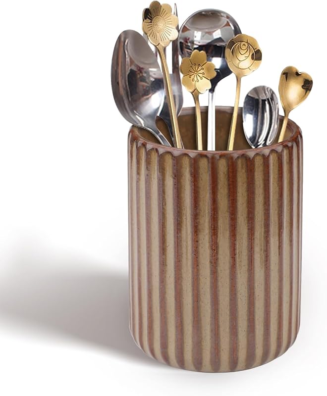 Cooking Utensil Crock Cup Organizer, Vintage Countertop Utensil Holder Kitchen for Counter Cutlery Coffee Stirrer Spoon Bar Fork Spatula Home Storage Container Brown (Brown)