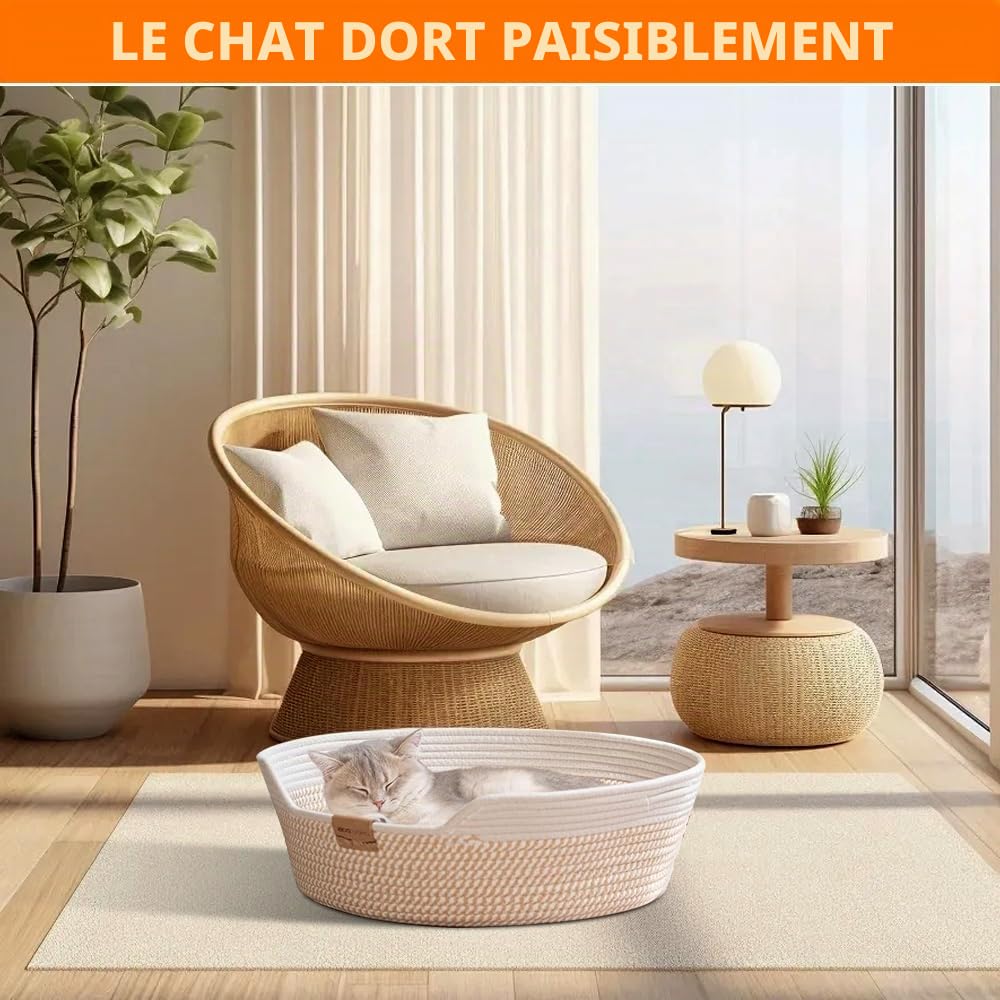 Lit pour Chat avec Coussin, 48 cm Panier pour Chat en Cordes de Coton Tressé, pour Tous Les Chats, Toutes Saisons, Universel