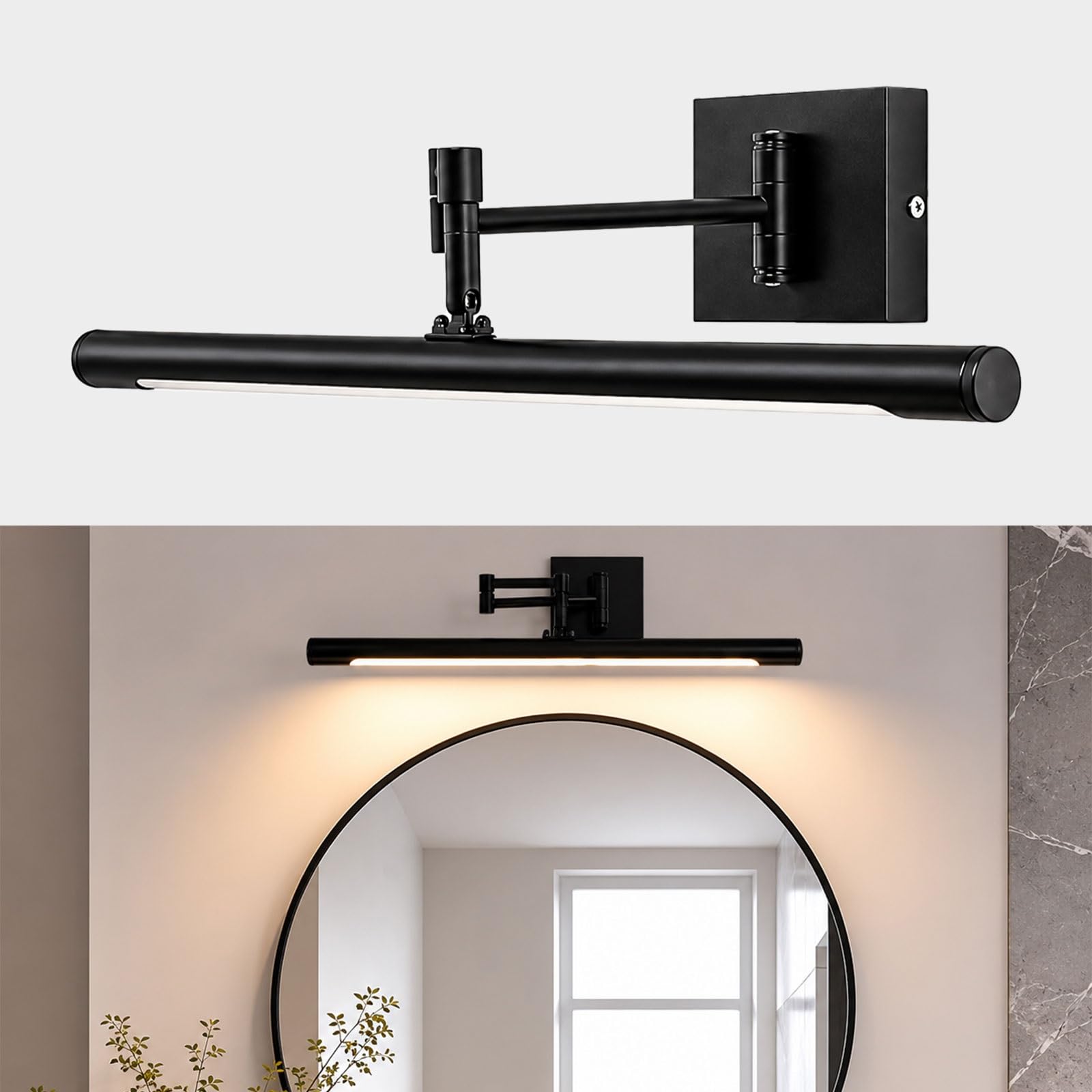 Jadssox Lampe de vanité de salle de bains linéaire à LED, applique murale à bras pivotant, lampe avant de miroir réglable, éclairage d'image à cadre rotatif, lumières de miroir de courtoisie noires