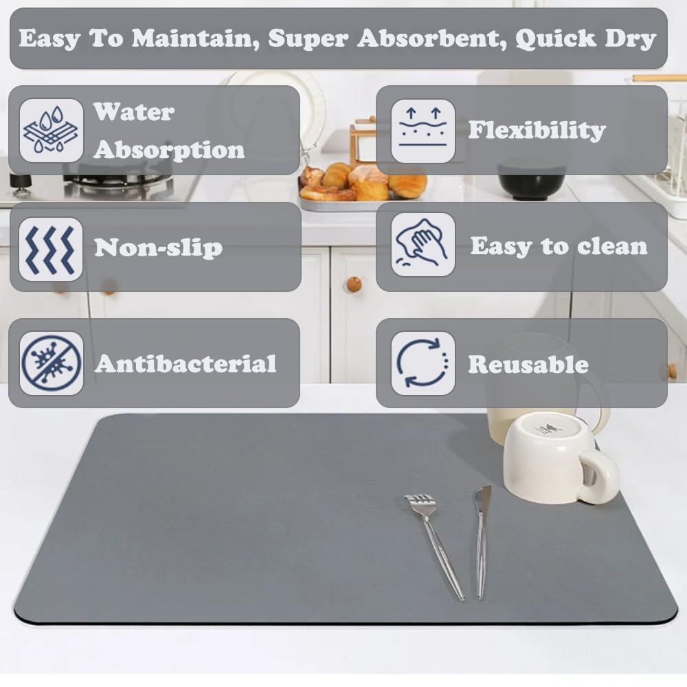 TENQUAN Sink Drainer Mat 20'' x 12'' Super Absorbent Draining Mat No-Rinse Dish Drying Mat Non-Slip Draining Mat Coffee Tamper Mat Stone Drying Mat for Kitchen Counter Coffee Bar Dishes Light Grey 1