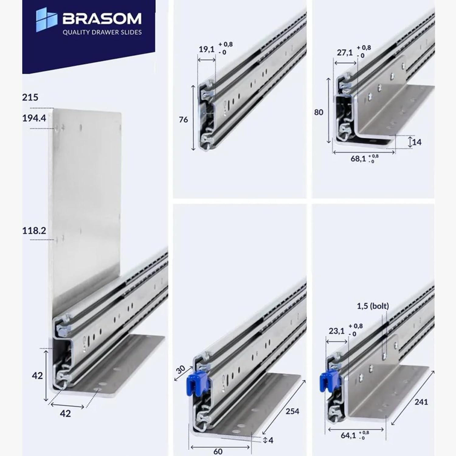 BRASOM Auszugsschienen mit Schubladenhalterunge - 2 Stück, 500mm, Schwerlastauszug 250kg, 20 inch, Heavy Duty Schubladen Schienensystem, Kugellager